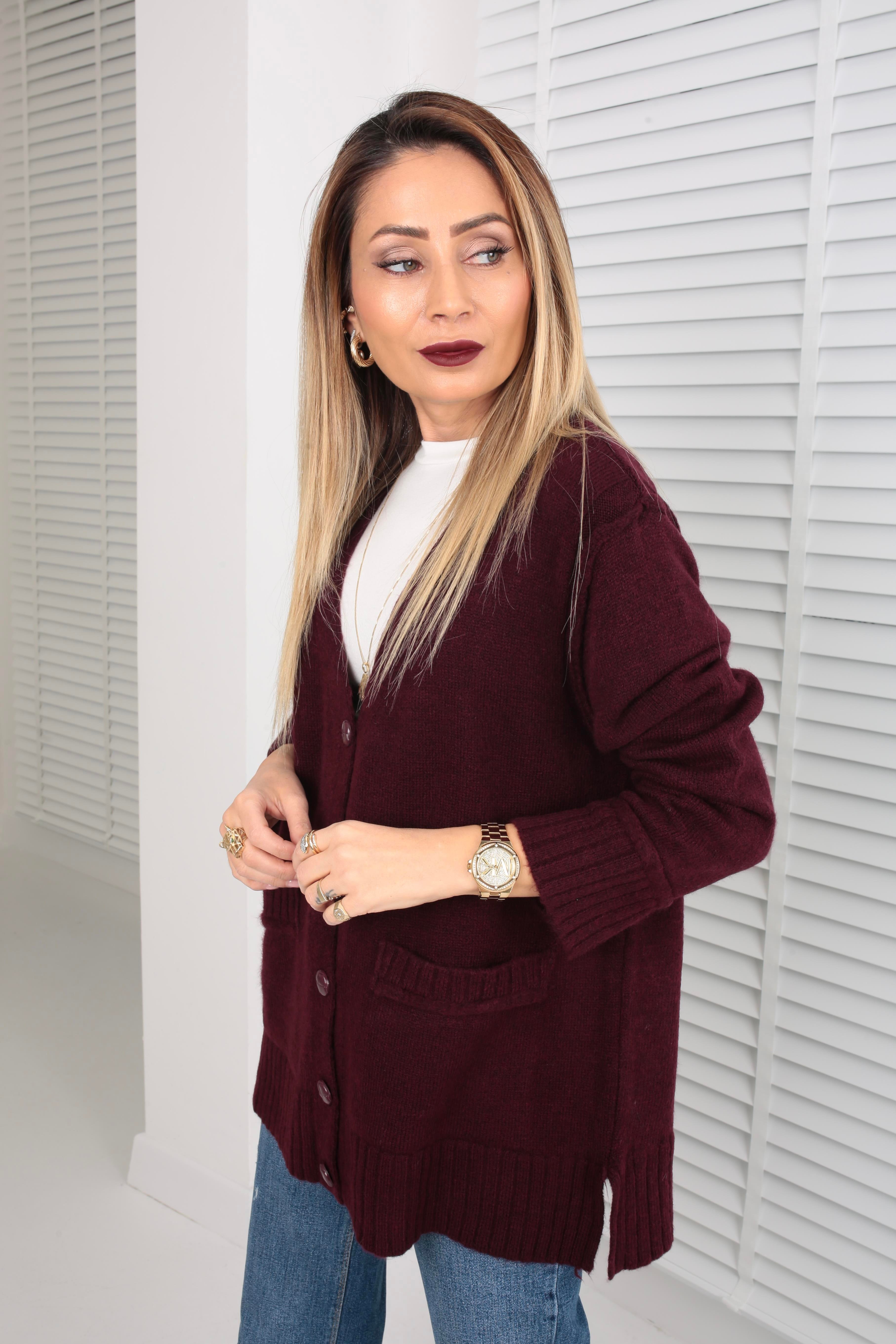 Düğme Detay Cepli Bordo Hırka HIRKA