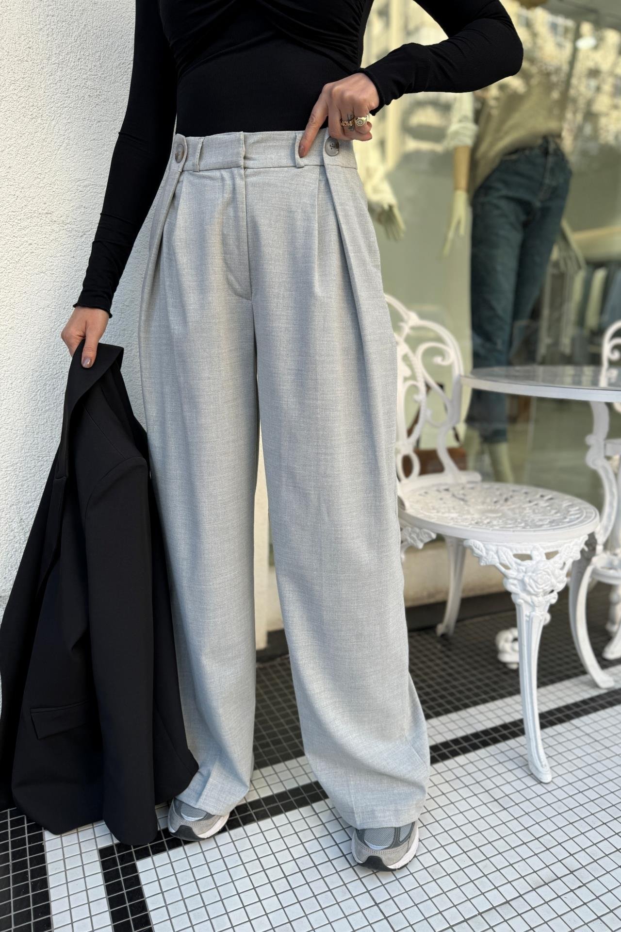 Düğmr Detay Gri  Palazzo Pantolon PANTOLON