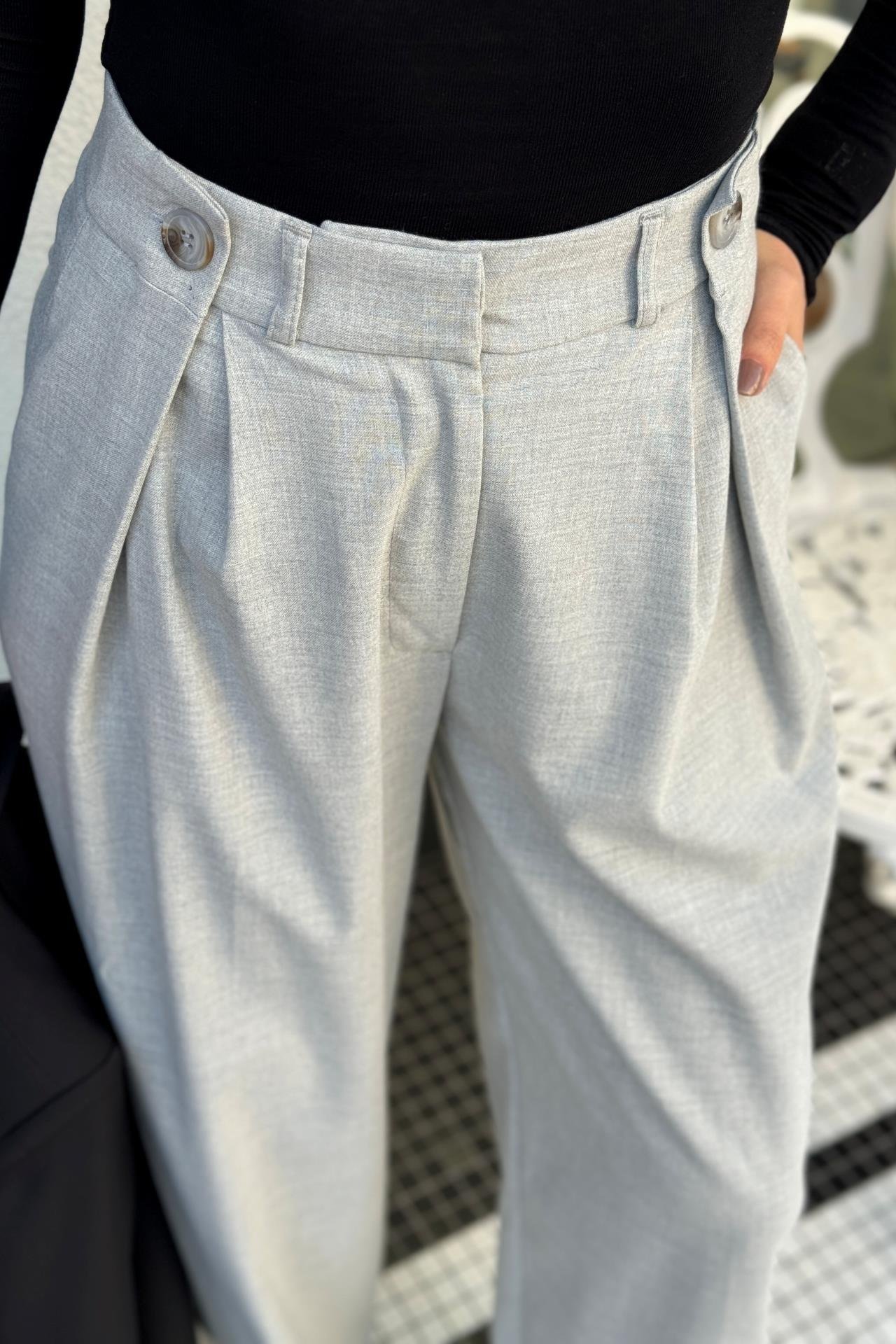 Düğmr Detay Gri  Palazzo Pantolon PANTOLON