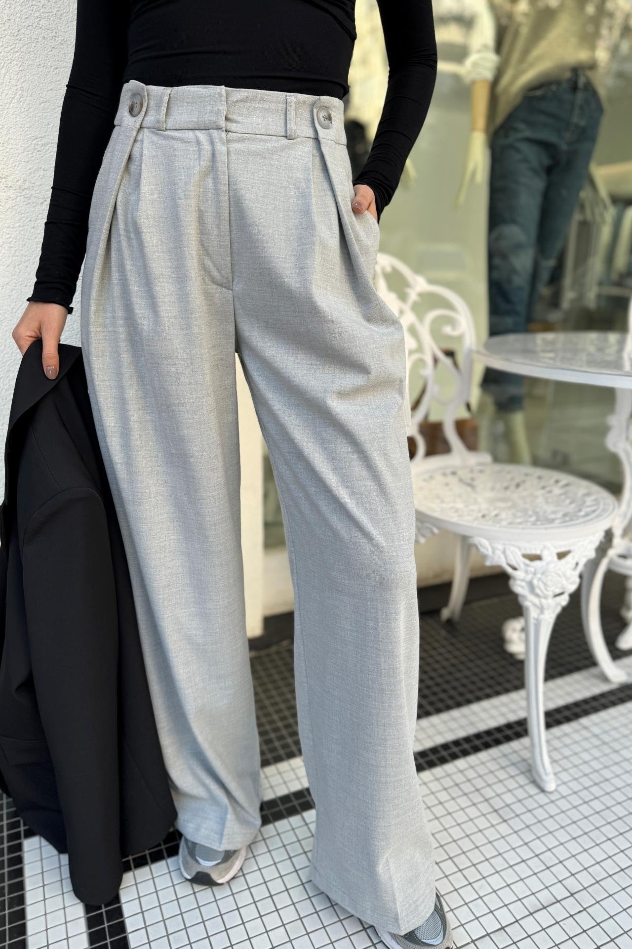 Düğmr Detay Gri  Palazzo Pantolon PANTOLON