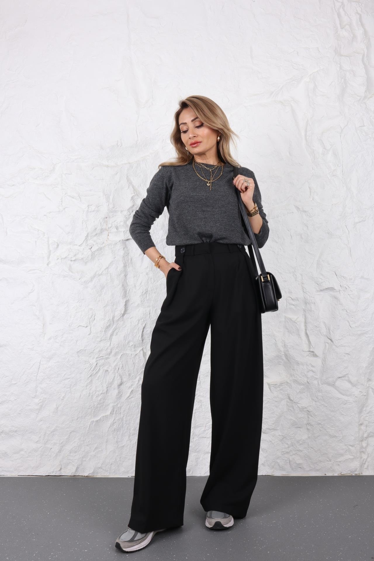 Düğmr Detay Siyah Palazzo Pantolon PANTOLON