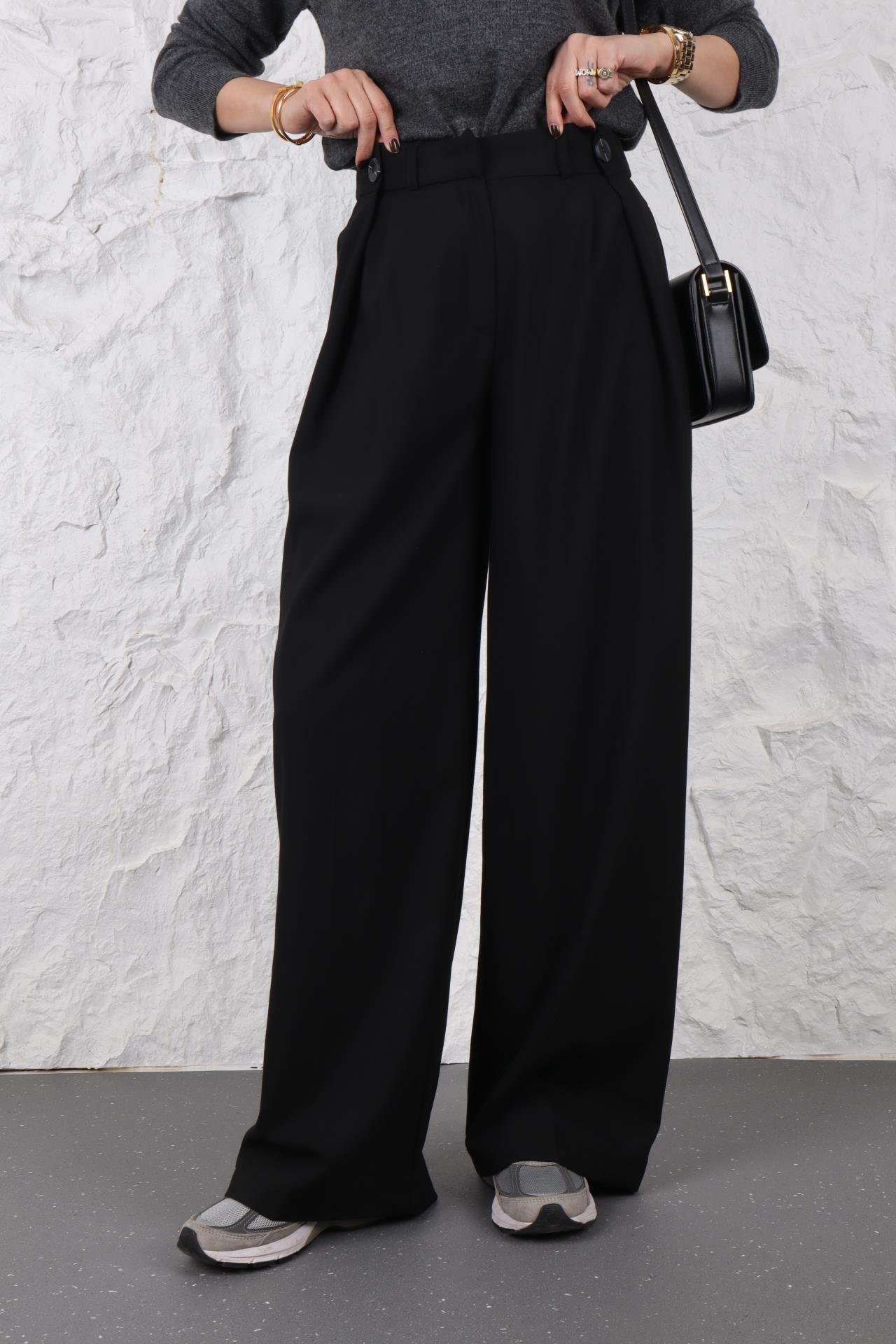 Düğmr Detay Siyah Palazzo Pantolon PANTOLON