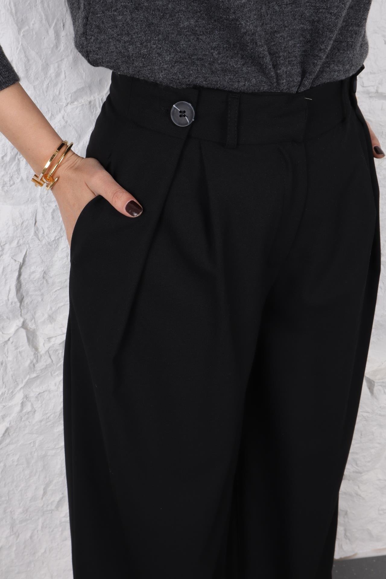 Düğmr Detay Siyah Palazzo Pantolon PANTOLON