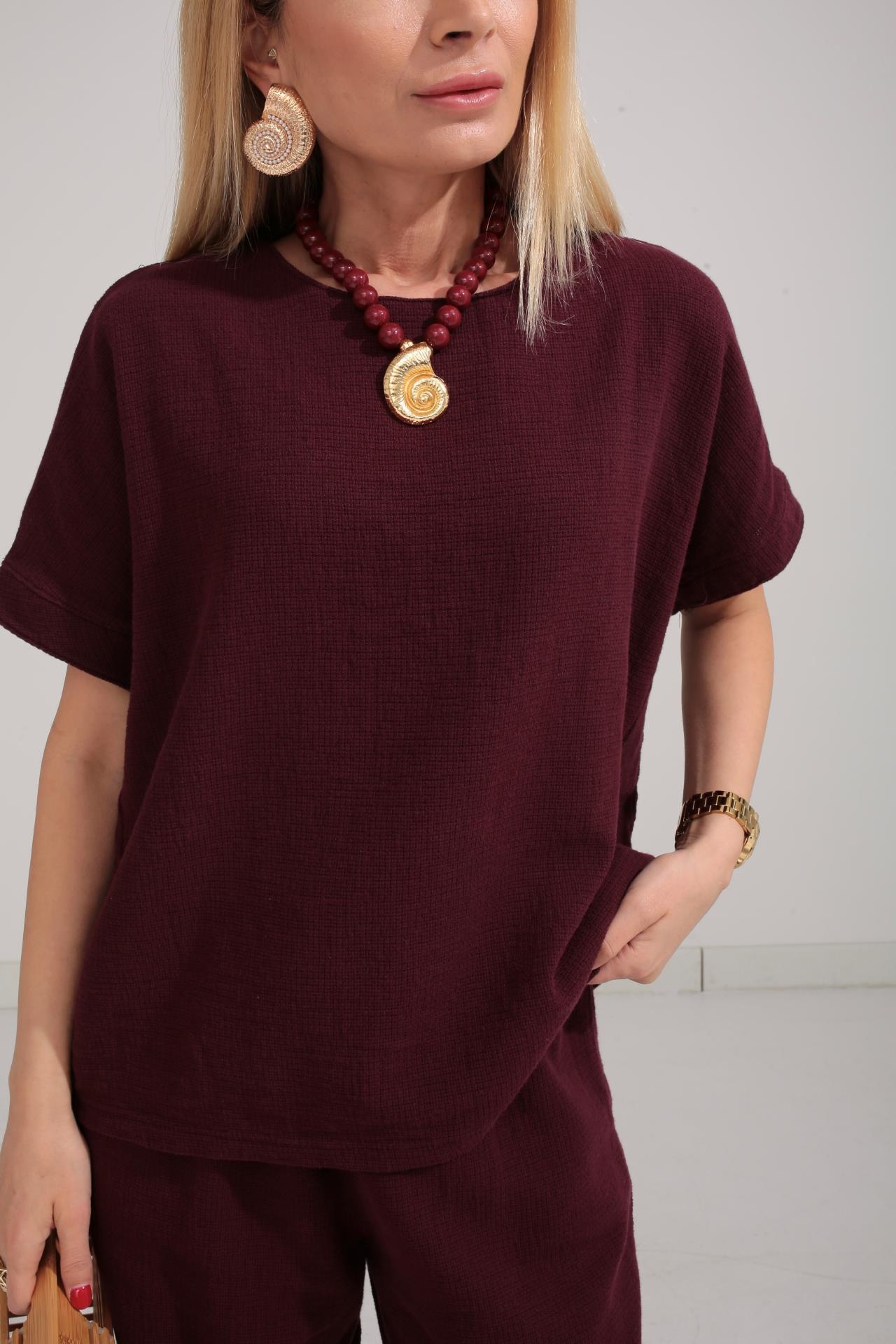 Düşük Kol Bordo Örme Keten Takım TAKIM | NO33