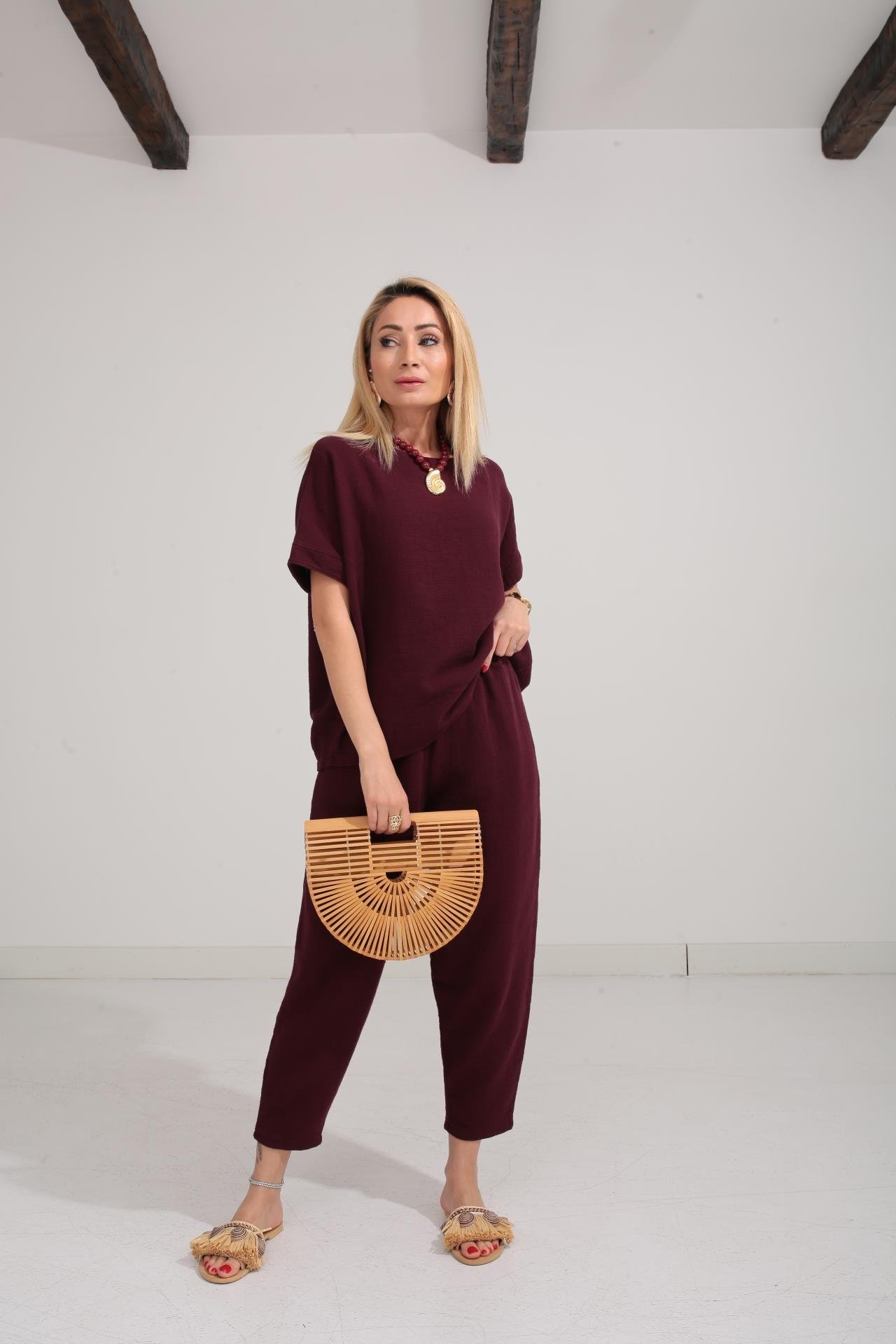 Düşük Kol Bordo Örme Keten Takım TAKIM | NO33