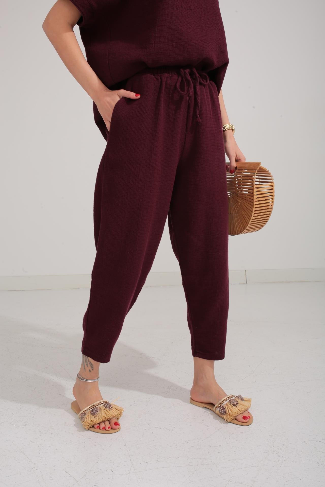 Düşük Kol Bordo Örme Keten Takım TAKIM | NO33