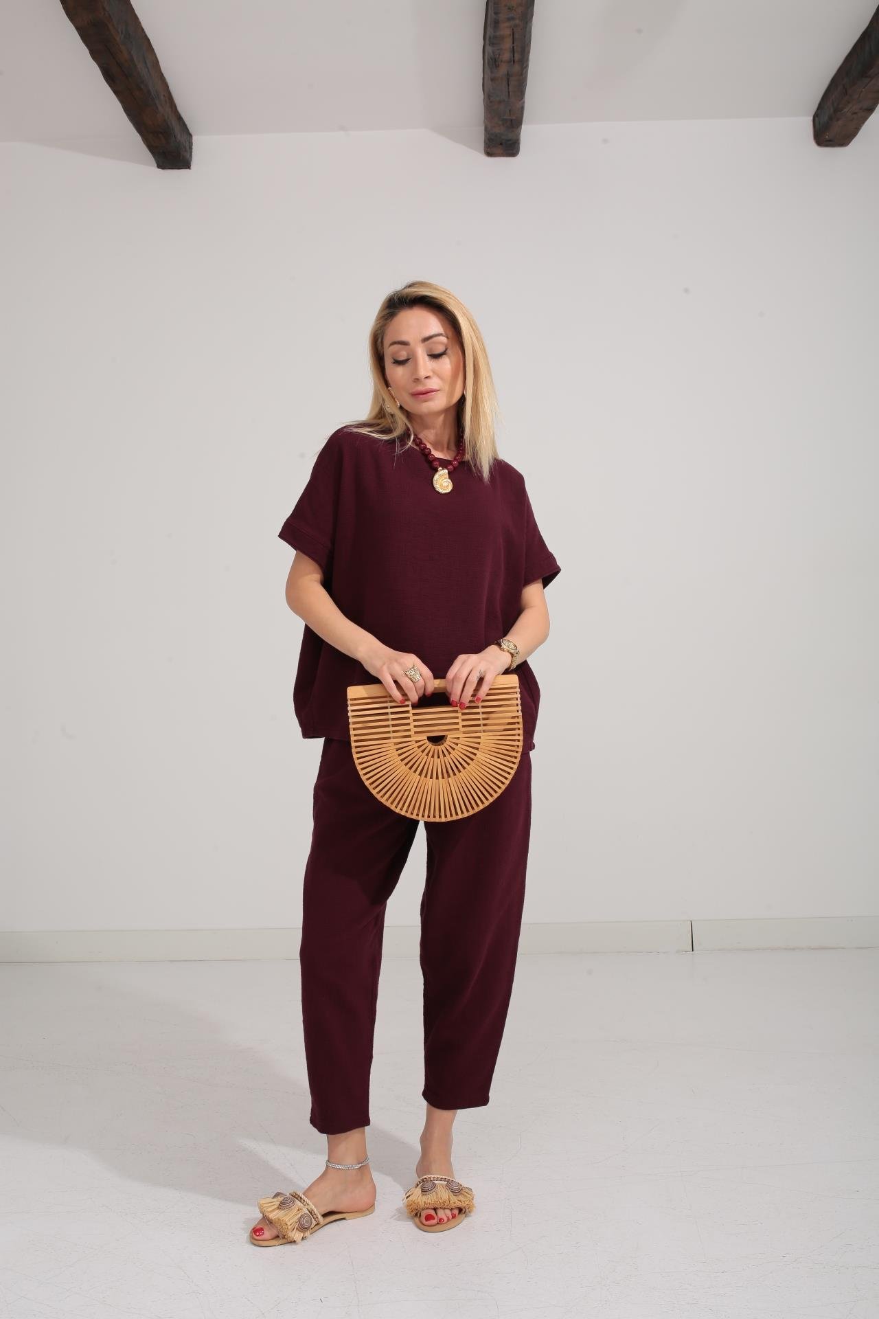 Düşük Kol Bordo Örme Keten Takım TAKIM | NO33