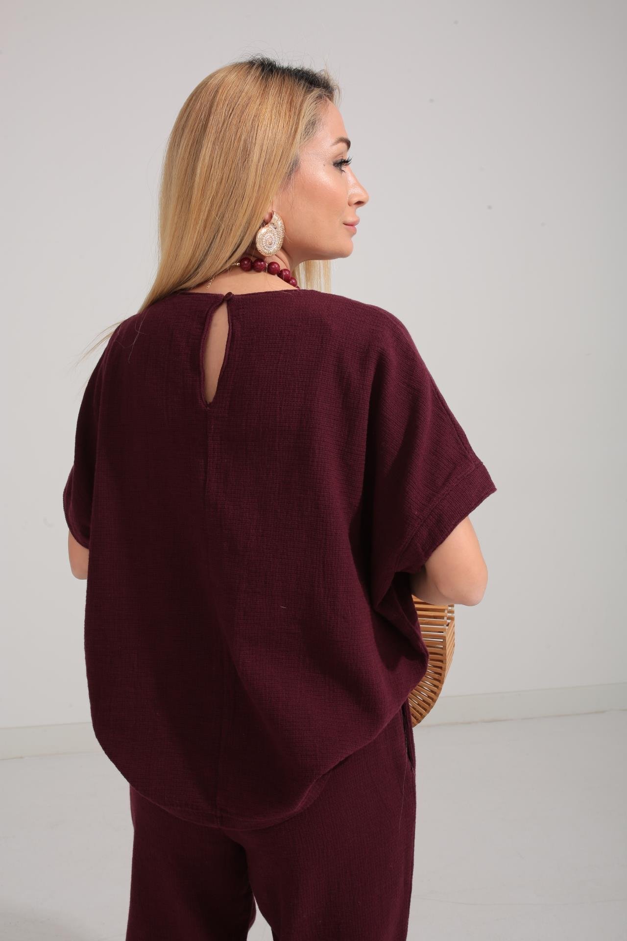 Düşük Kol Bordo Örme Keten Takım TAKIM | NO33
