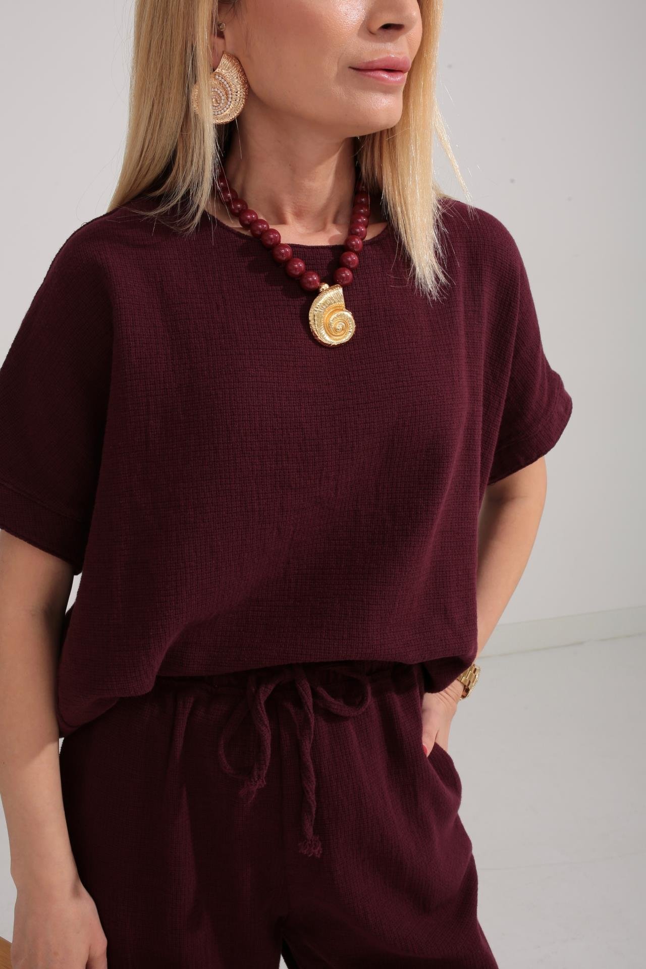 Düşük Kol Bordo Örme Keten Takım TAKIM | NO33