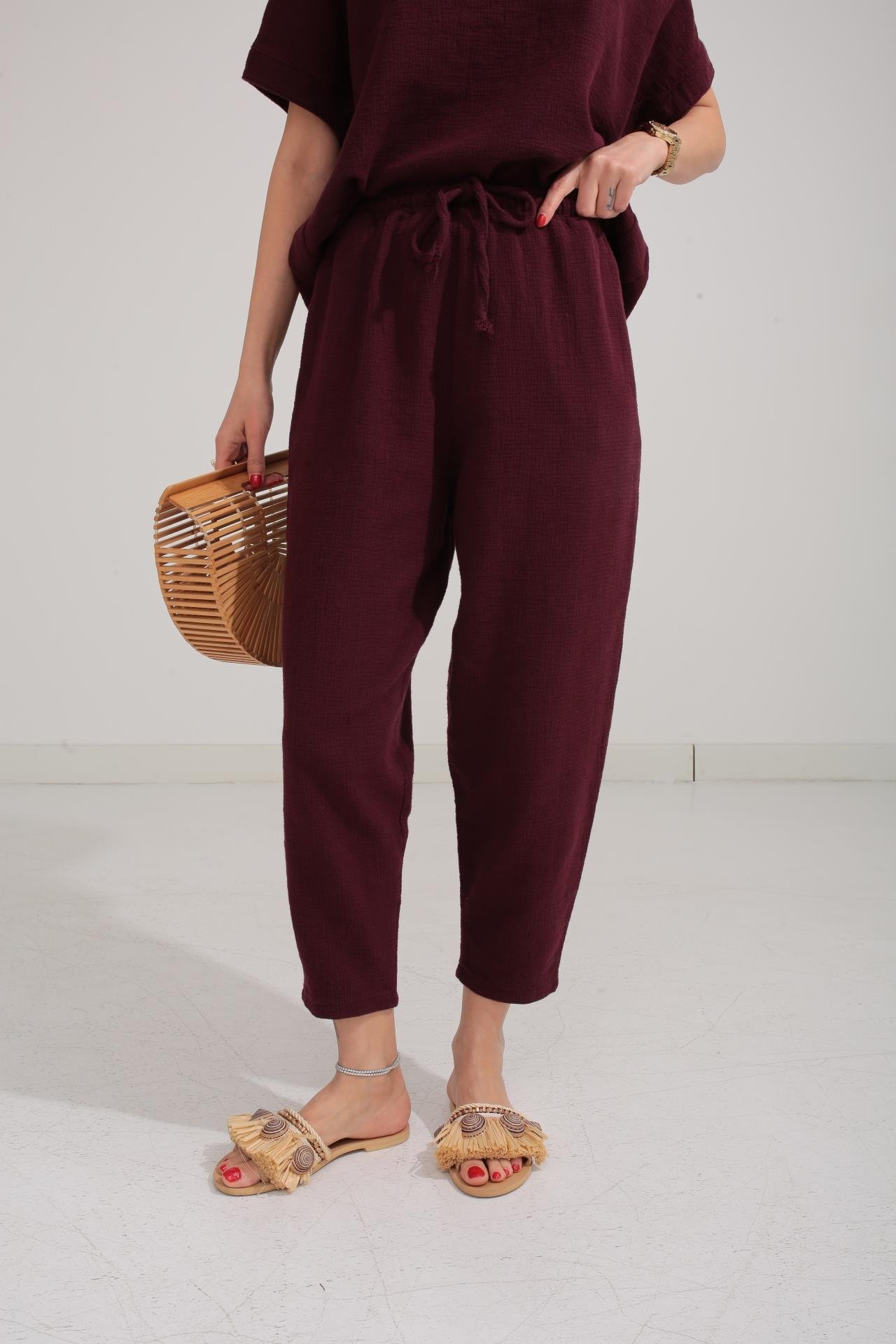 Düşük Kol Bordo Örme Keten Takım TAKIM | NO33