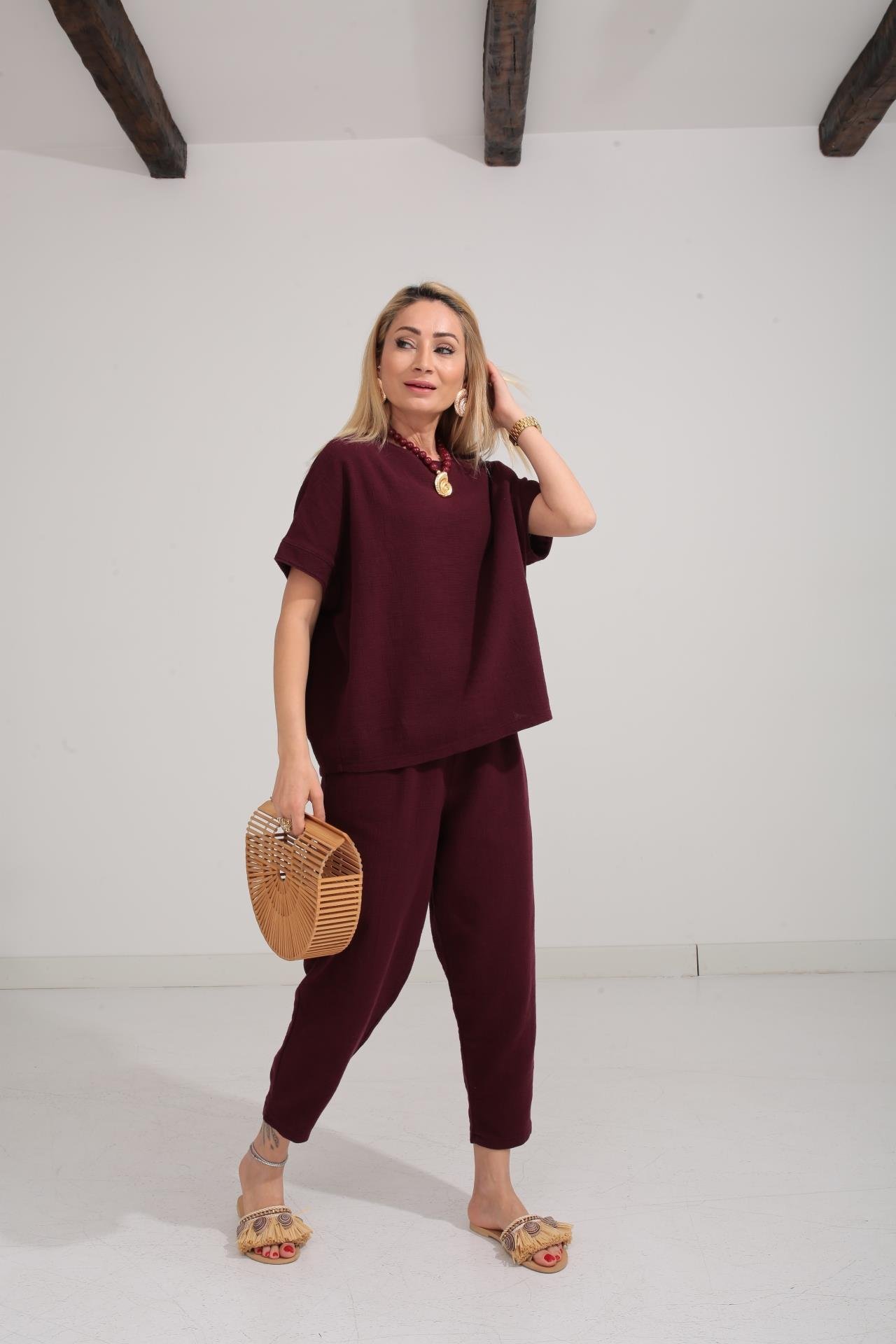 Düşük Kol Bordo Örme Keten Takım TAKIM | NO33