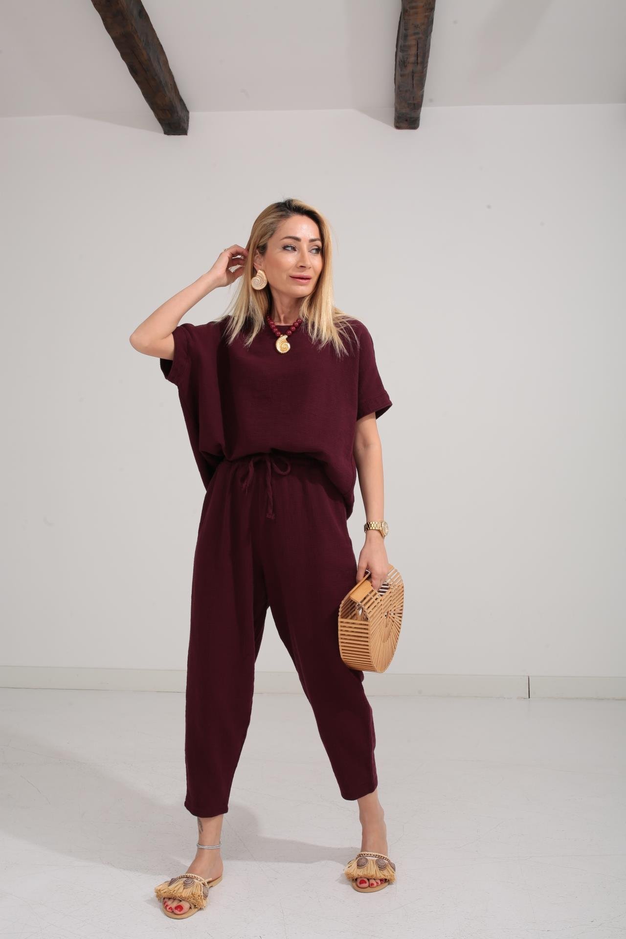 Düşük Kol Bordo Örme Keten Takım TAKIM | NO33