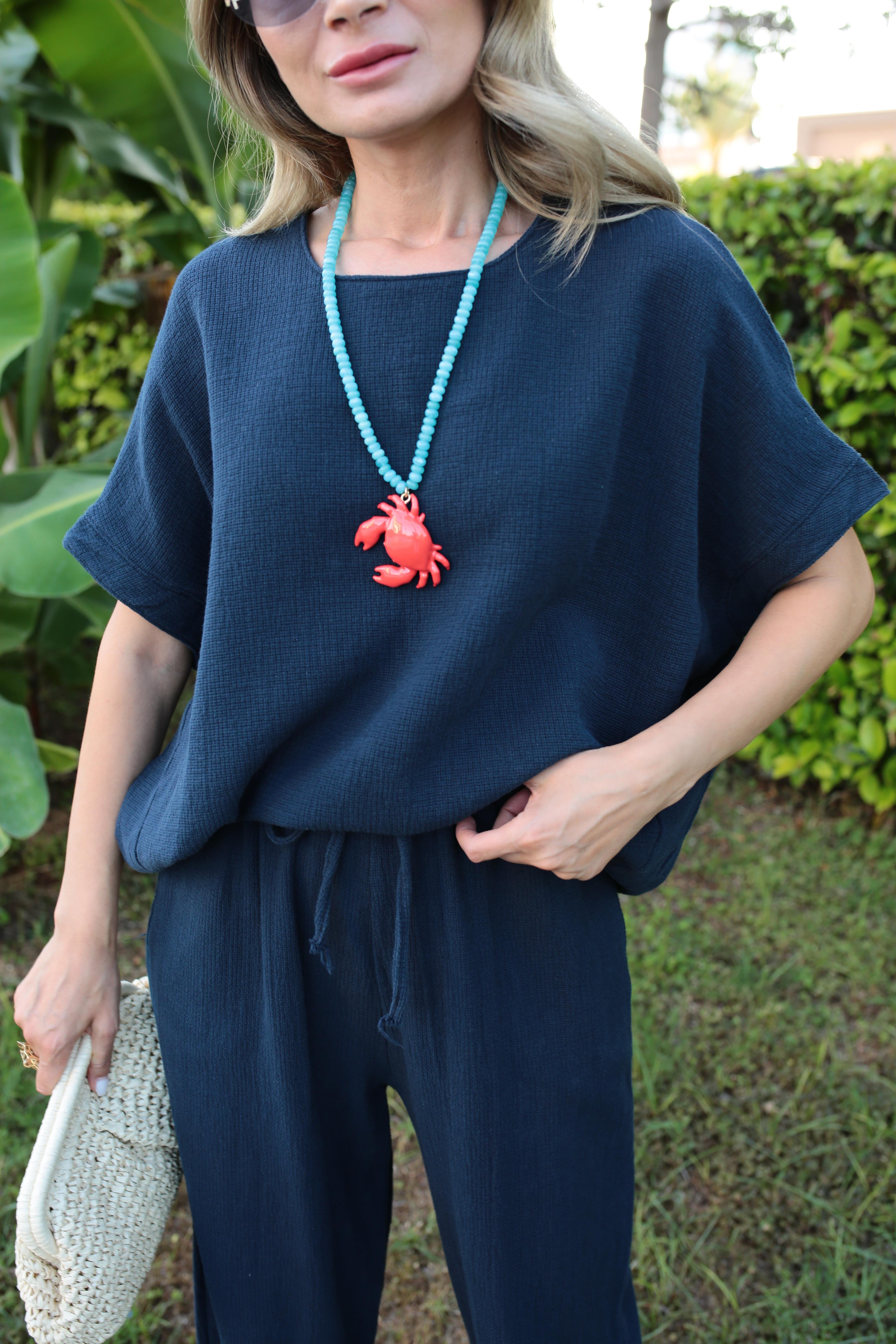 Düşük Kol Lacivert Örme Keten Takım TAKIM | NO33