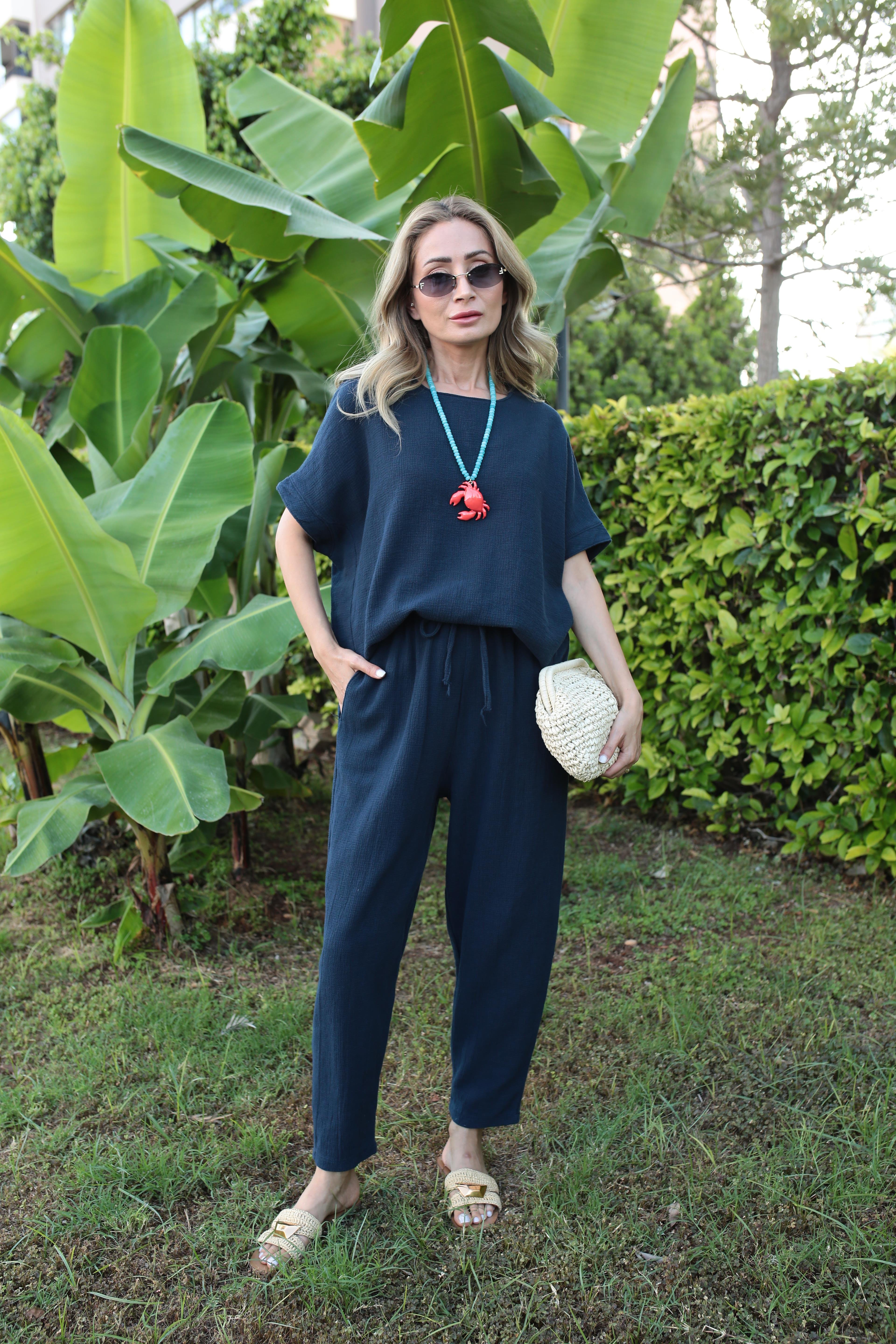 Düşük Kol Lacivert Örme Keten Takım TAKIM | NO33