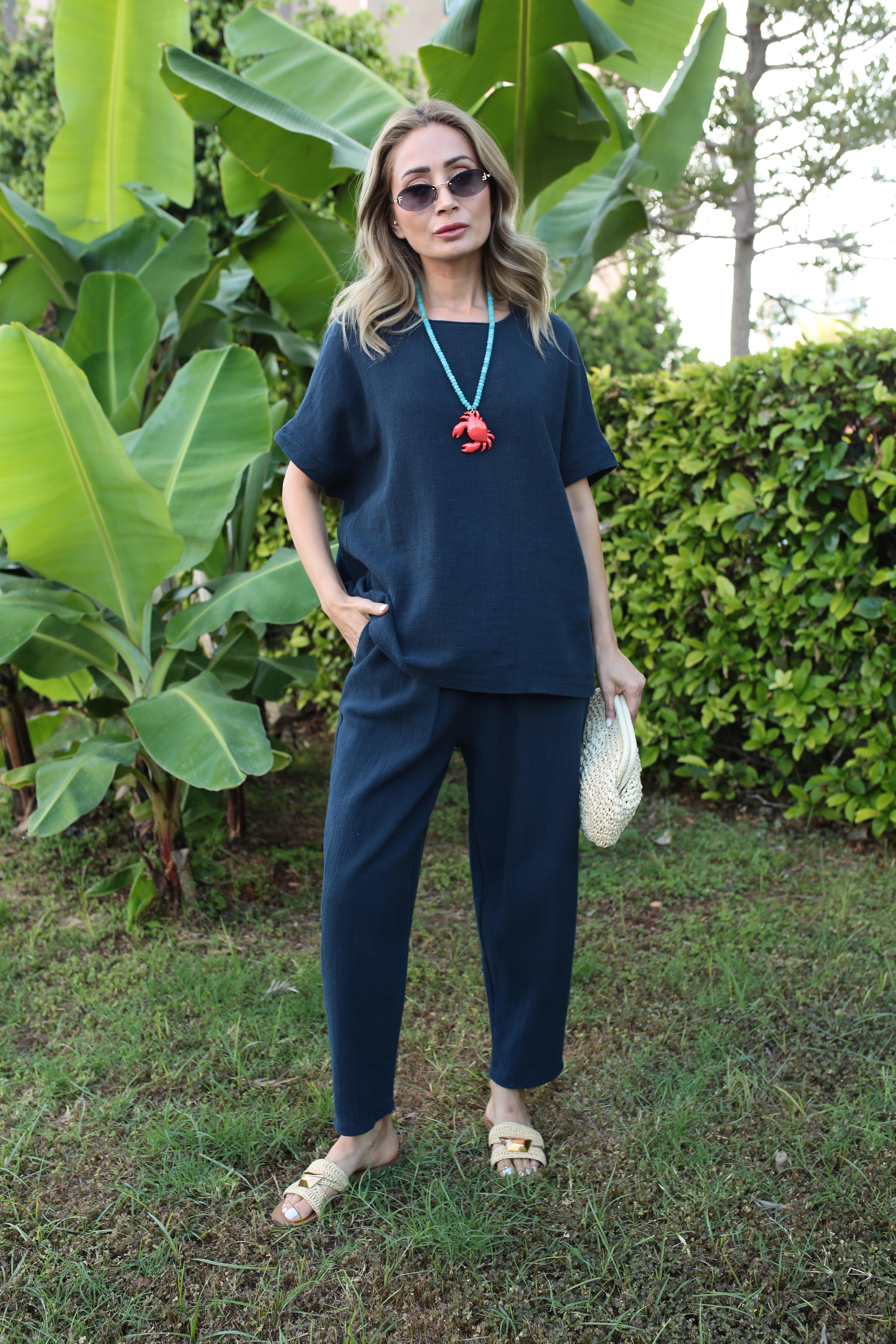 Düşük Kol Lacivert Örme Keten Takım TAKIM | NO33