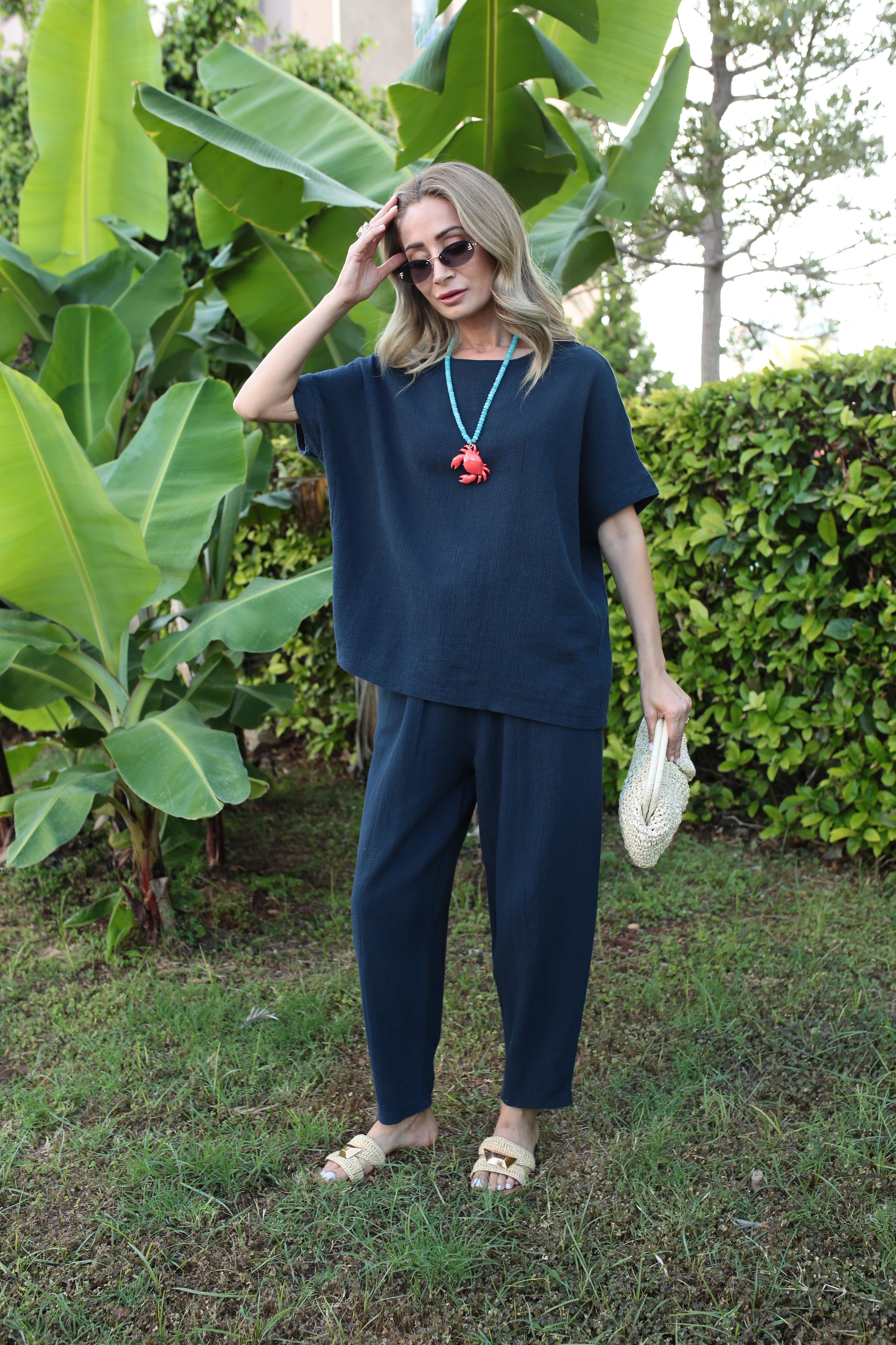 Düşük Kol Lacivert Örme Keten Takım TAKIM | NO33