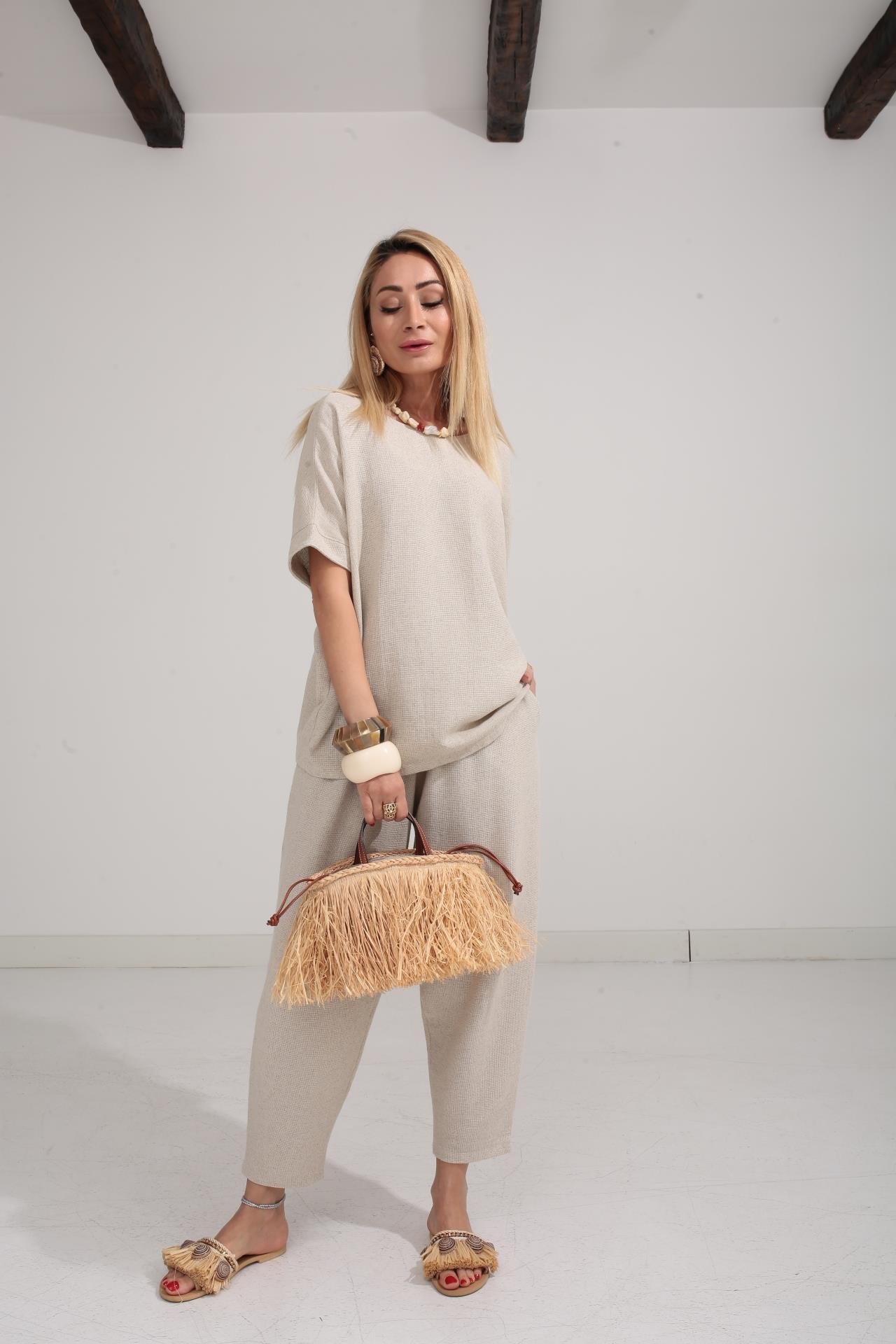 Düşük Kol Naturel Örme Keten Takım TAKIM | NO33