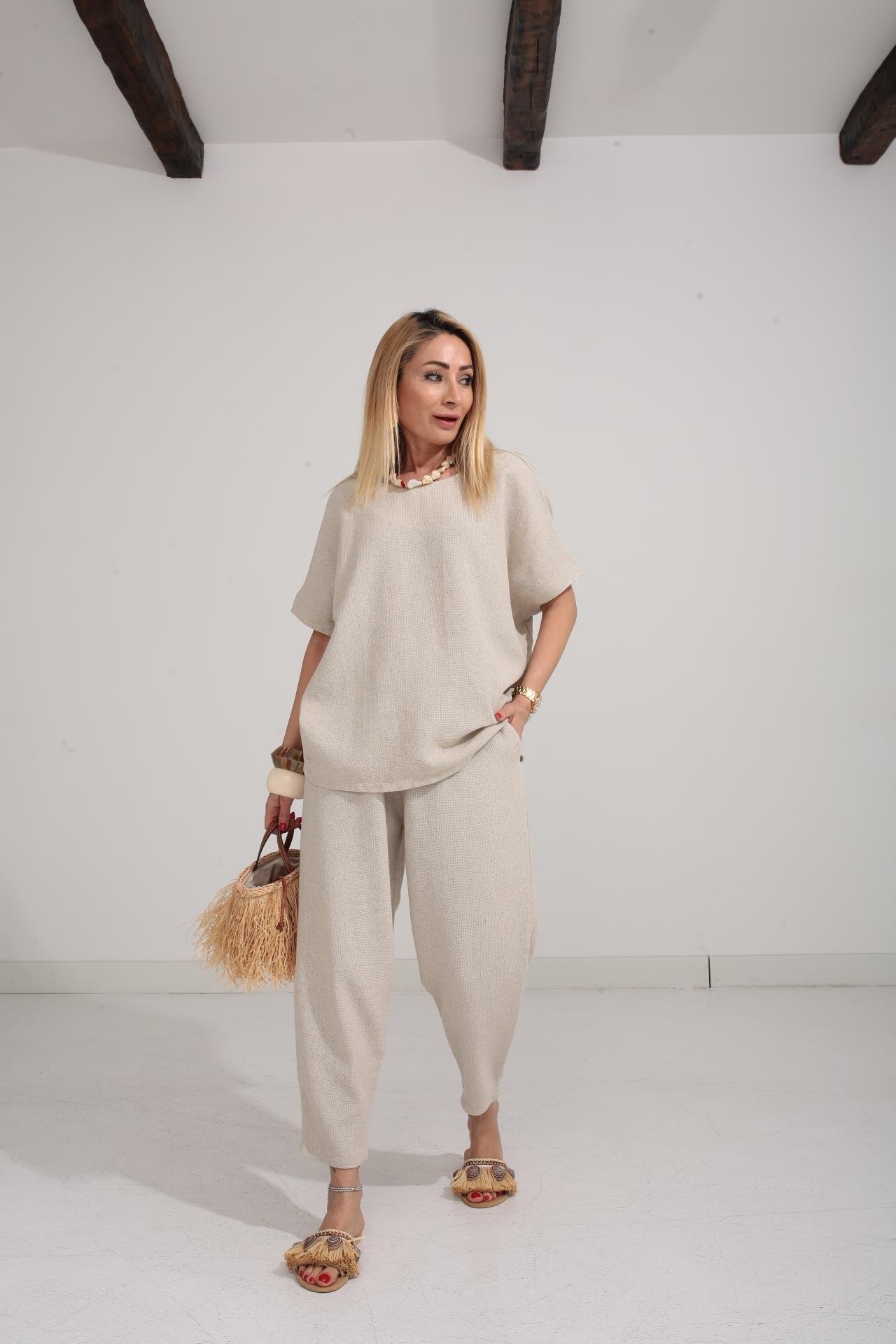 Düşük Kol Naturel Örme Keten Takım TAKIM | NO33