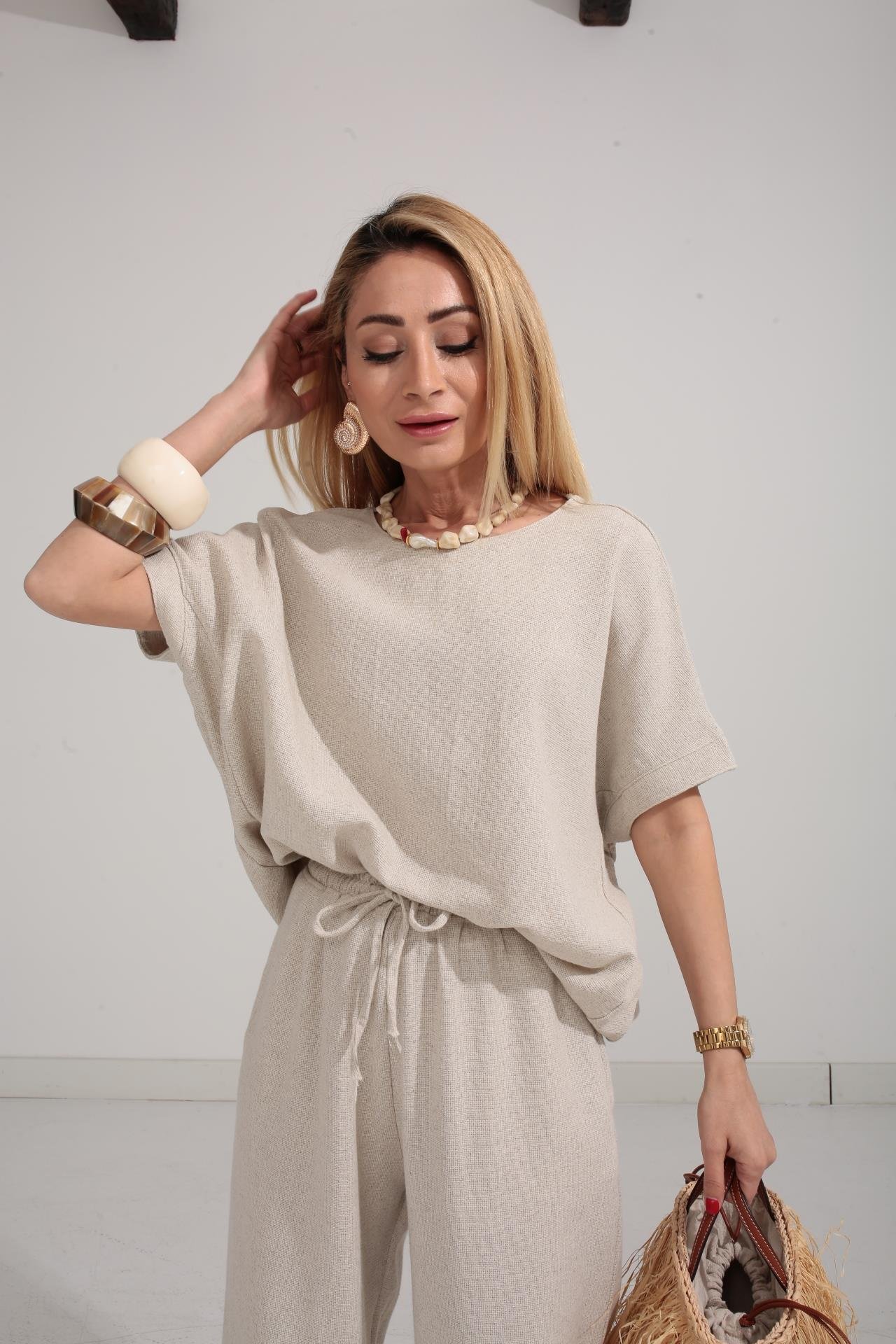 Düşük Kol Naturel Örme Keten Takım TAKIM | NO33