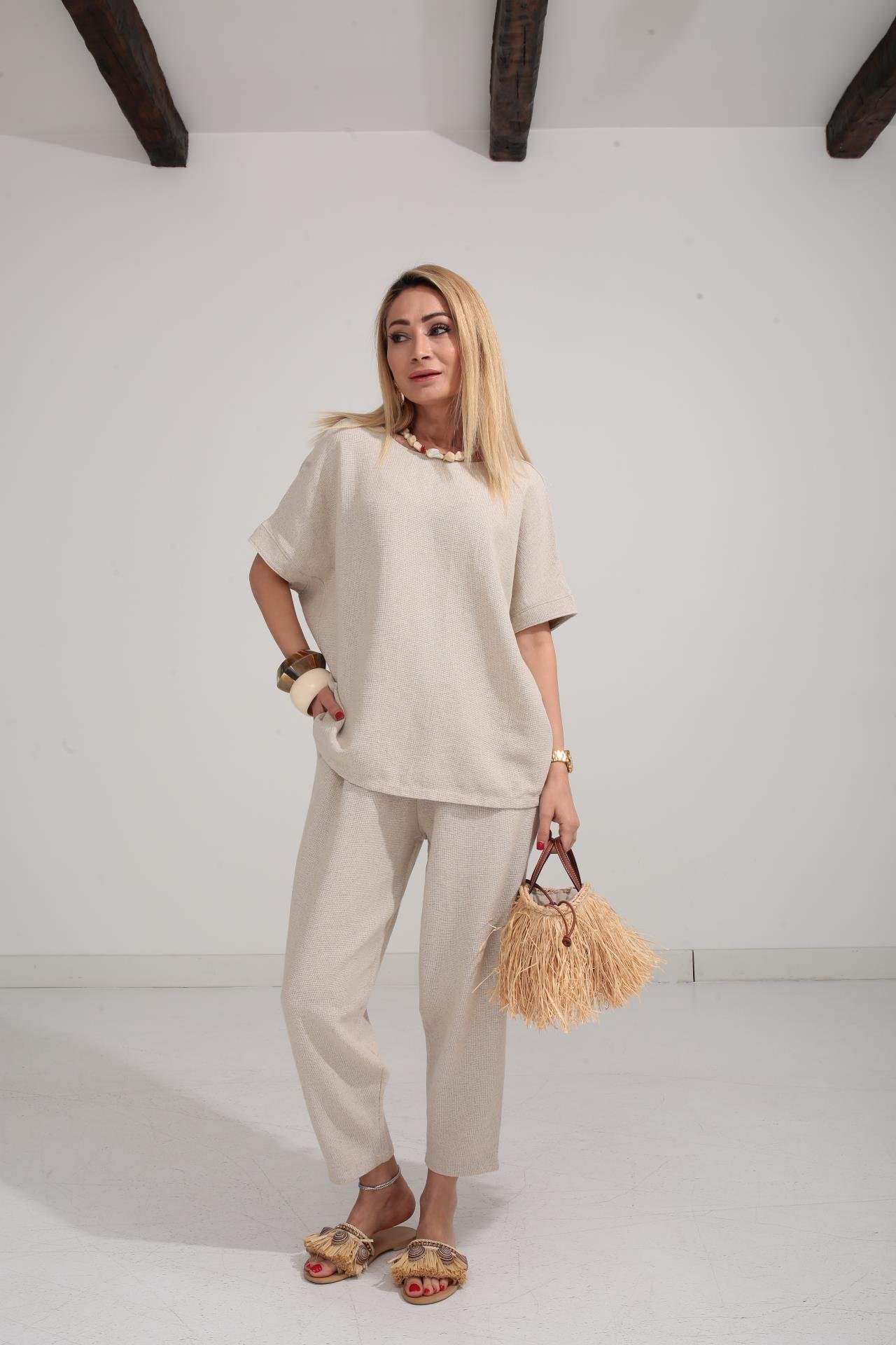 Düşük Kol Naturel Örme Keten Takım TAKIM | NO33