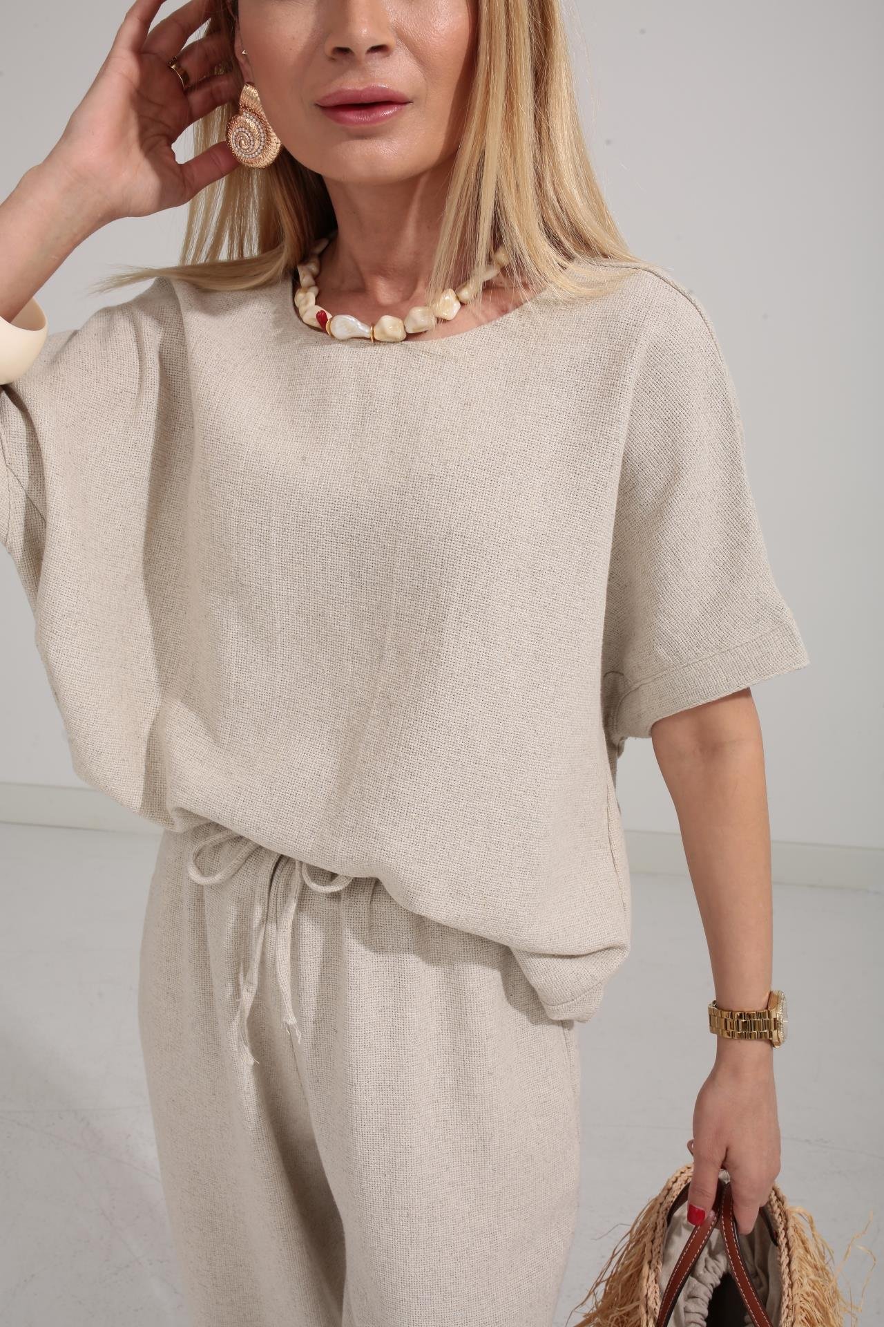 Düşük Kol Naturel Örme Keten Takım TAKIM | NO33