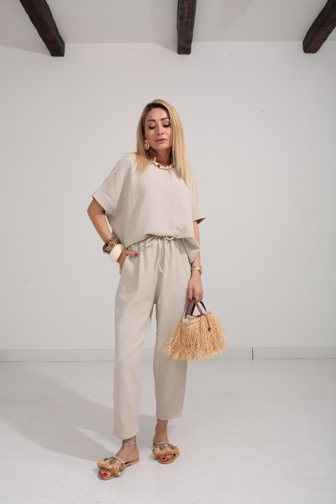 Düşük Kol Naturel Örme Keten Takım TAKIM | NO33