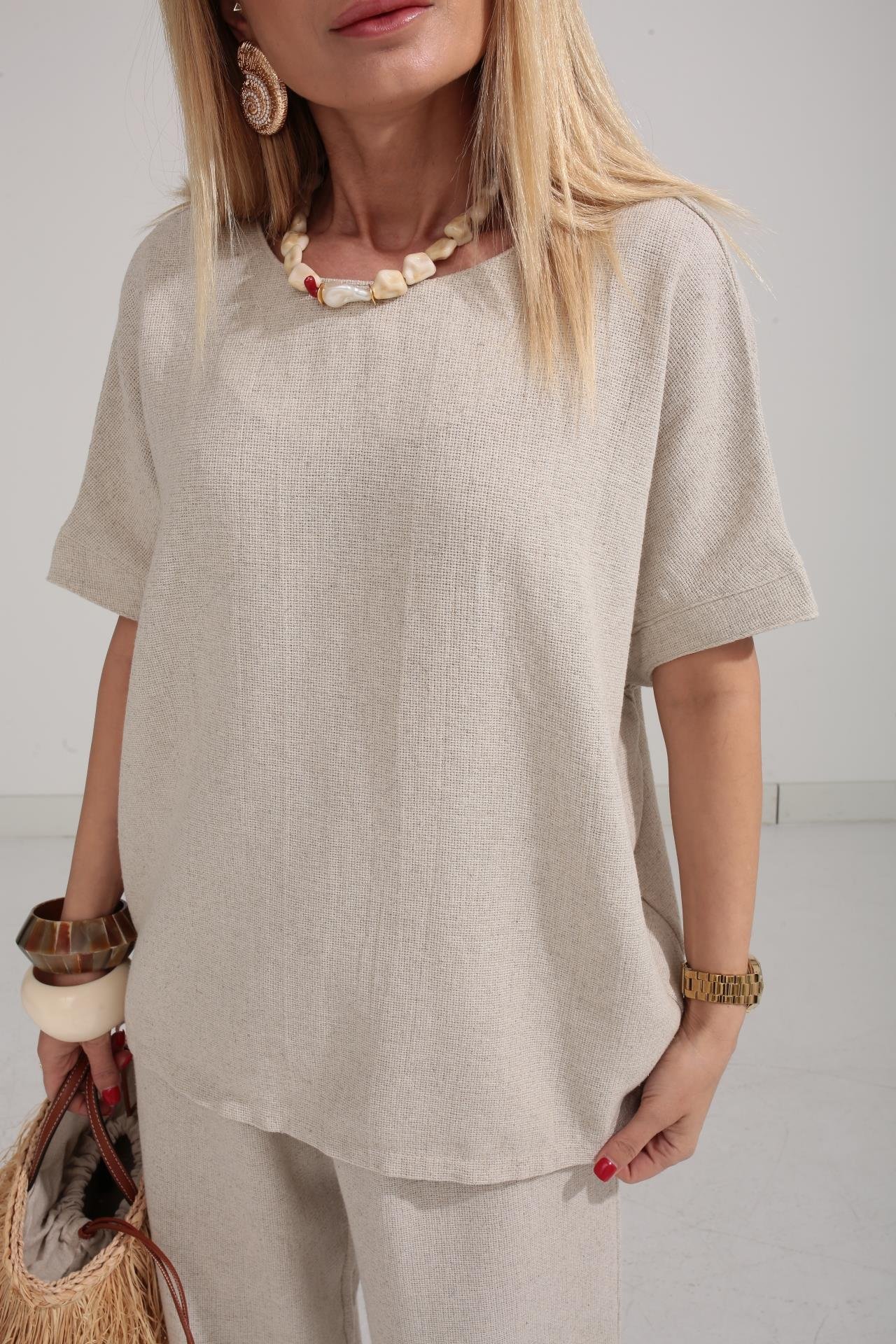 Düşük Kol Naturel Örme Keten Takım TAKIM | NO33