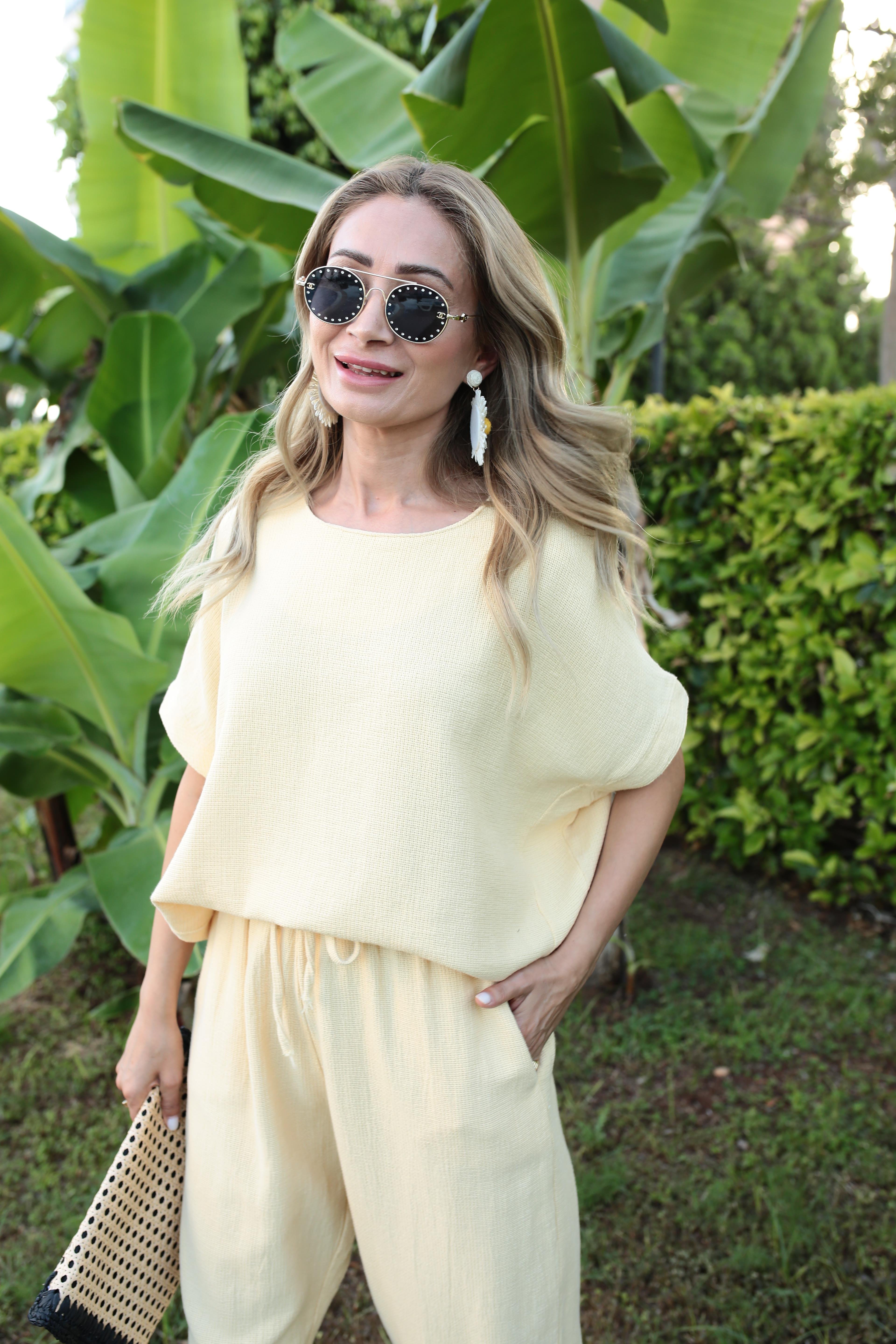 Düşük Kol Sarı Örme Keten Takım TAKIM | NO33