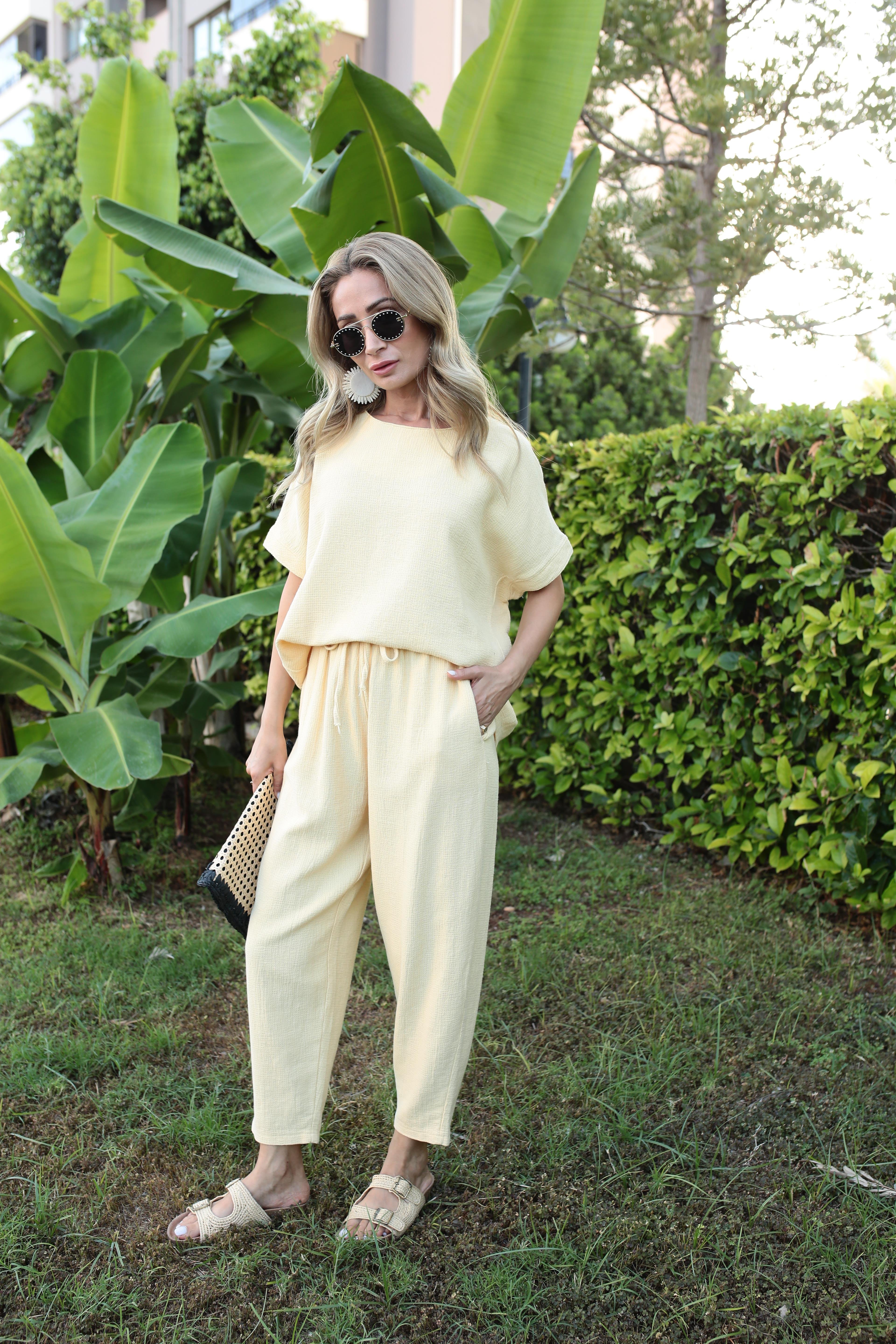 Düşük Kol Sarı Örme Keten Takım TAKIM | NO33