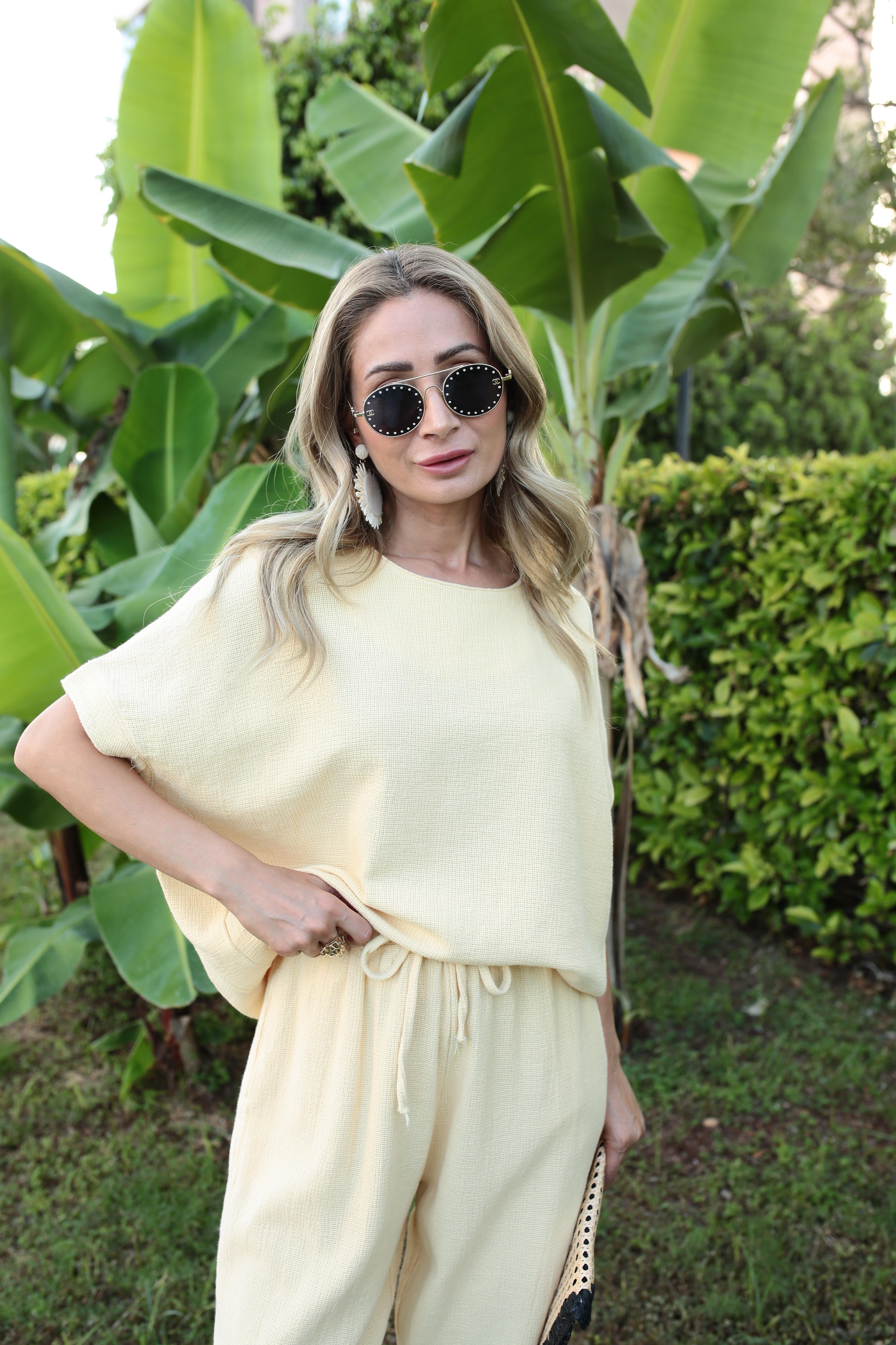 Düşük Kol Sarı Örme Keten Takım TAKIM | NO33