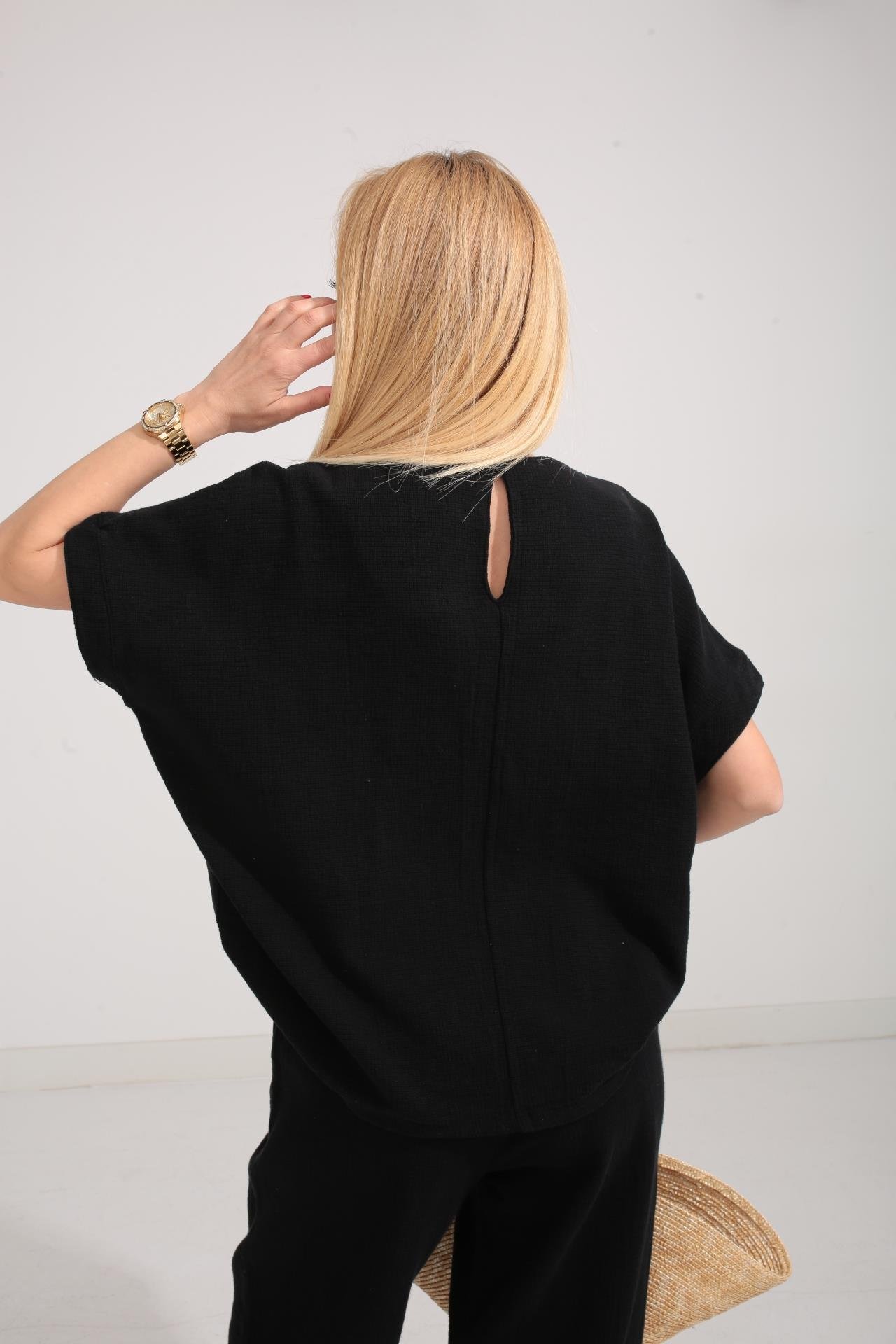 Düşük Kol Siyah Örme Keten Takım TAKIM | NO33