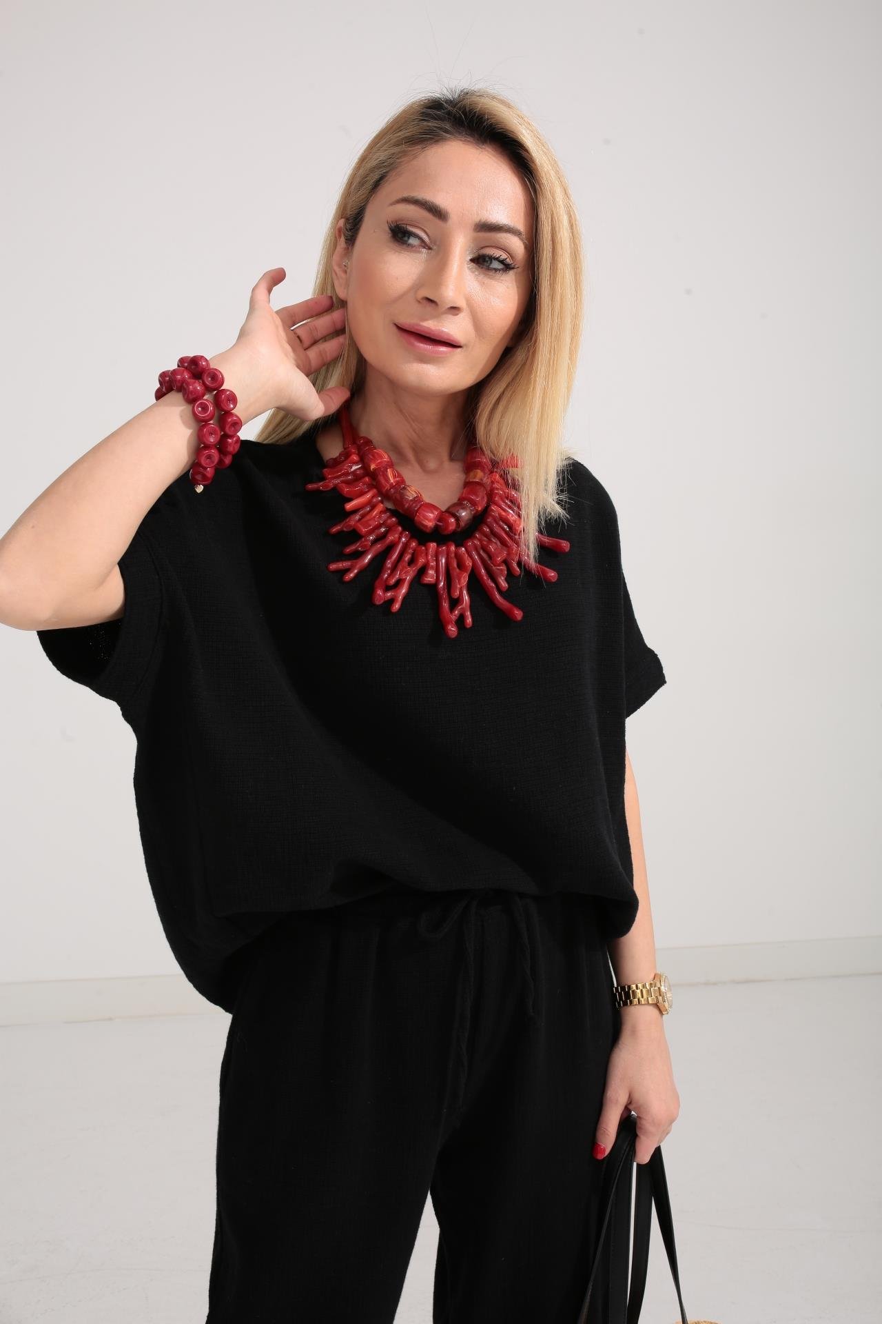 Düşük Kol Siyah Örme Keten Takım TAKIM | NO33