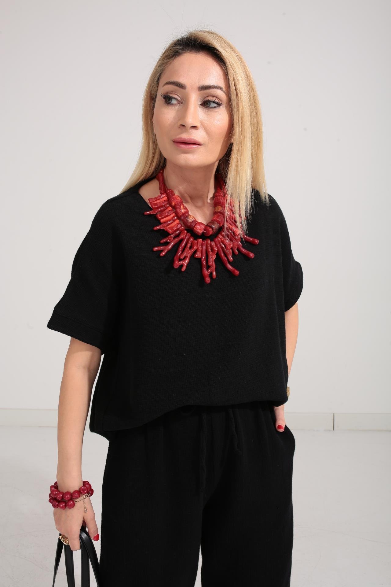 Düşük Kol Siyah Örme Keten Takım TAKIM | NO33