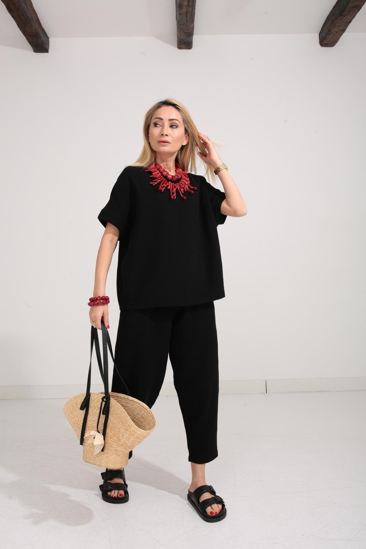 Düşük Kol Siyah Örme Keten Takım TAKIM | NO33