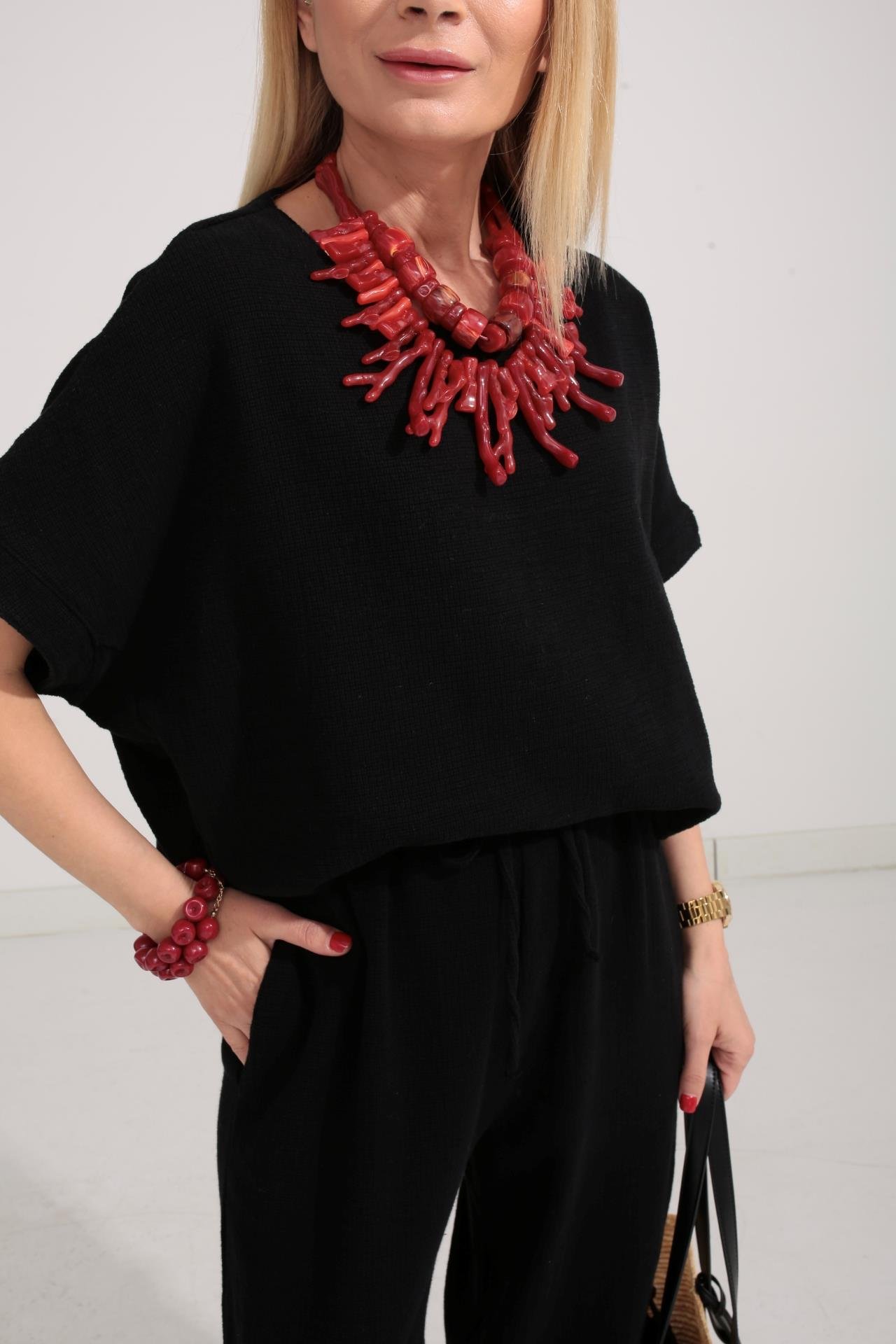 Düşük Kol Siyah Örme Keten Takım TAKIM | NO33