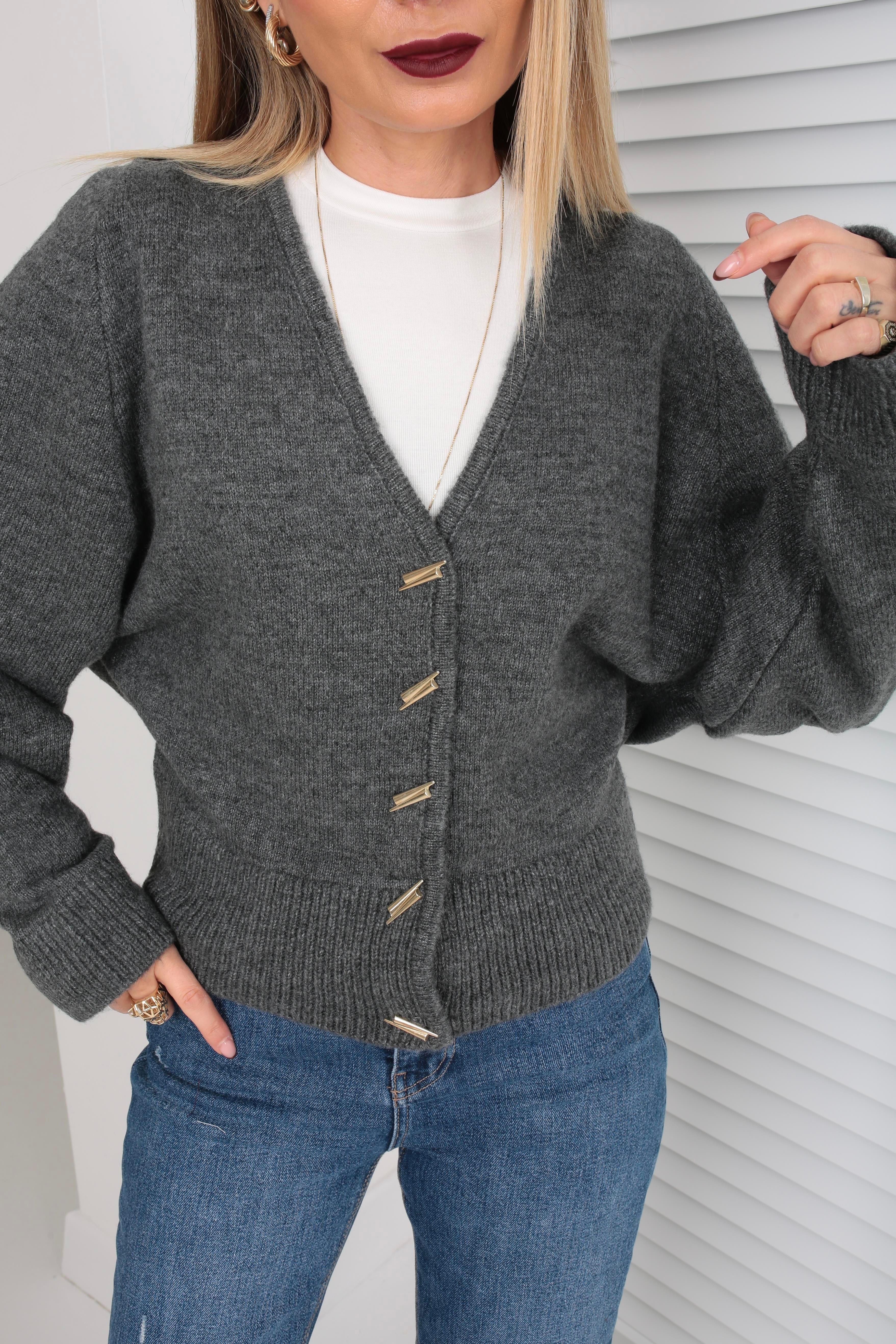 Düşük Omuz Düğme Detay Antrasit Hırka HIRKA