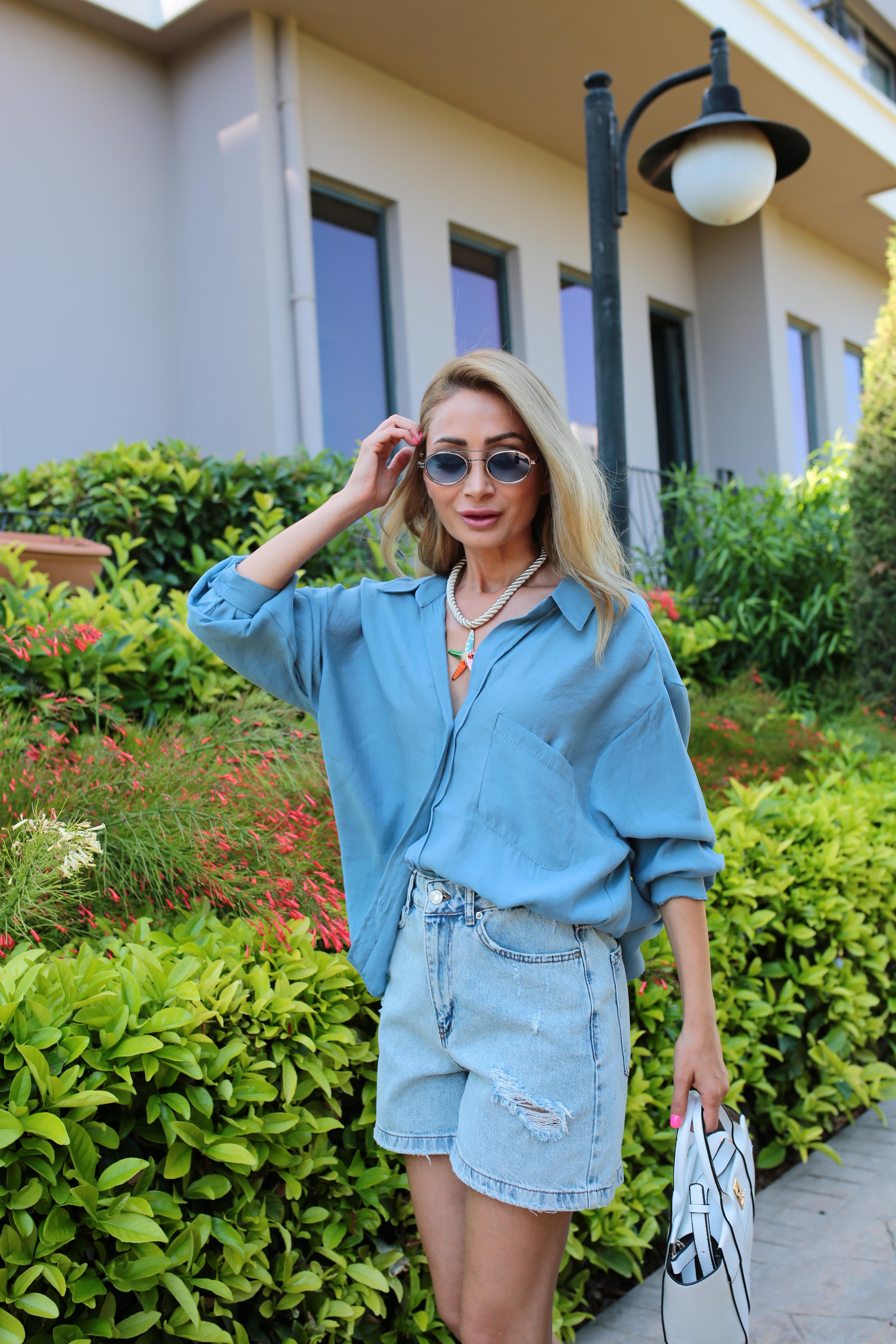 Düşük Omuz Oversize Mavi  Gömlek GÖMLEK | NO33