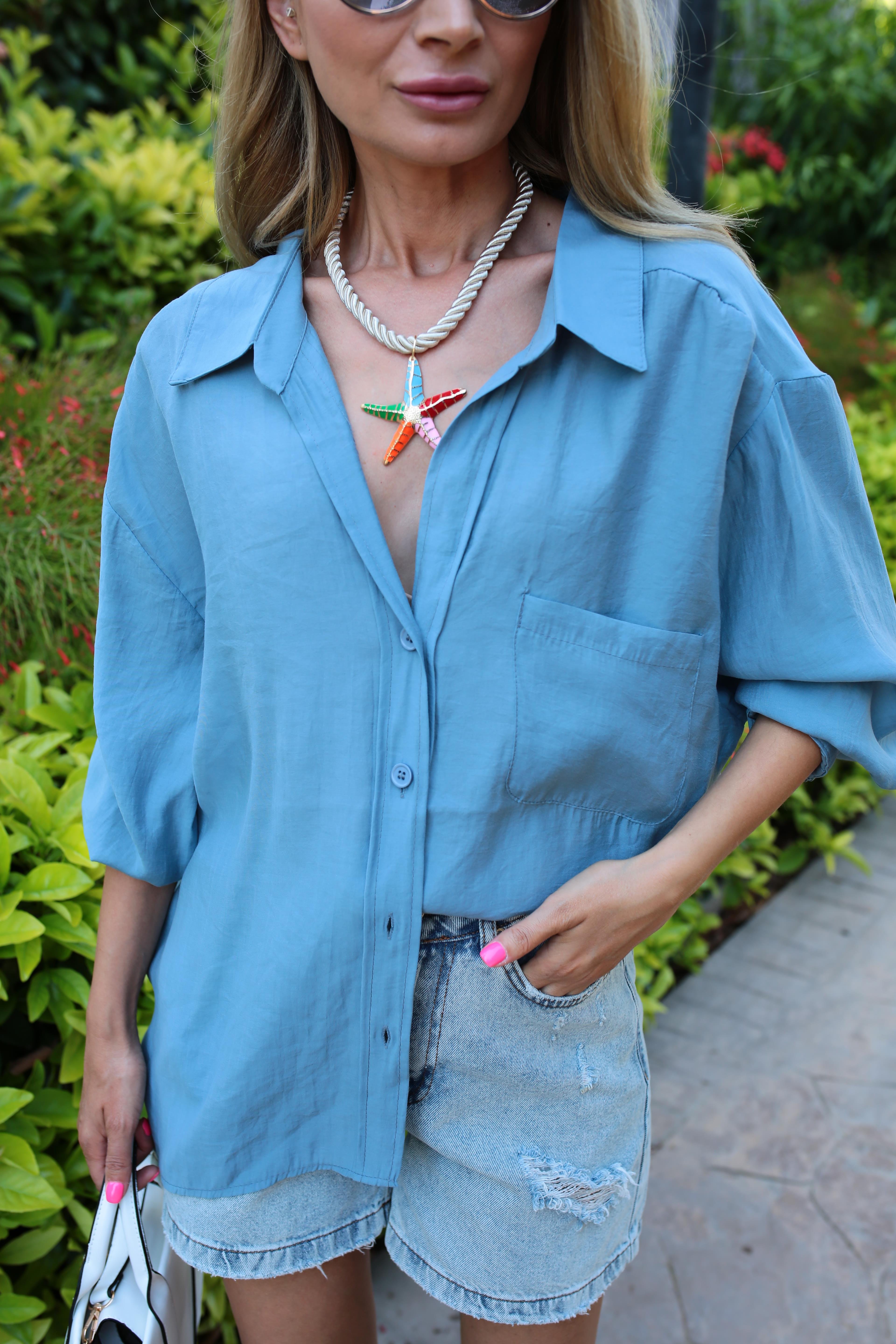 Düşük Omuz Oversize Mavi  Gömlek GÖMLEK | NO33