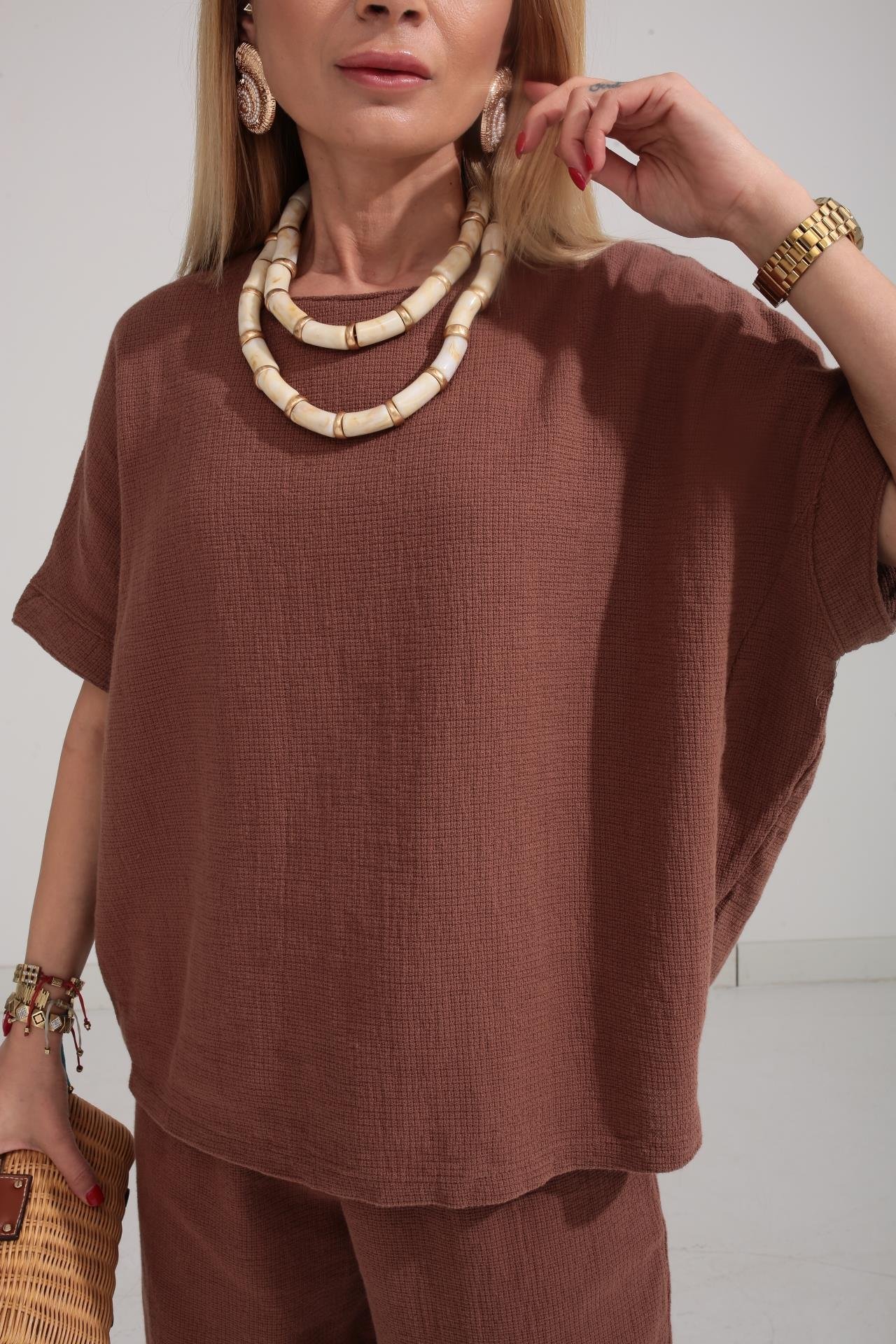 Düşüşk Kol Kahve Örme Keten Takım TAKIM | NO33