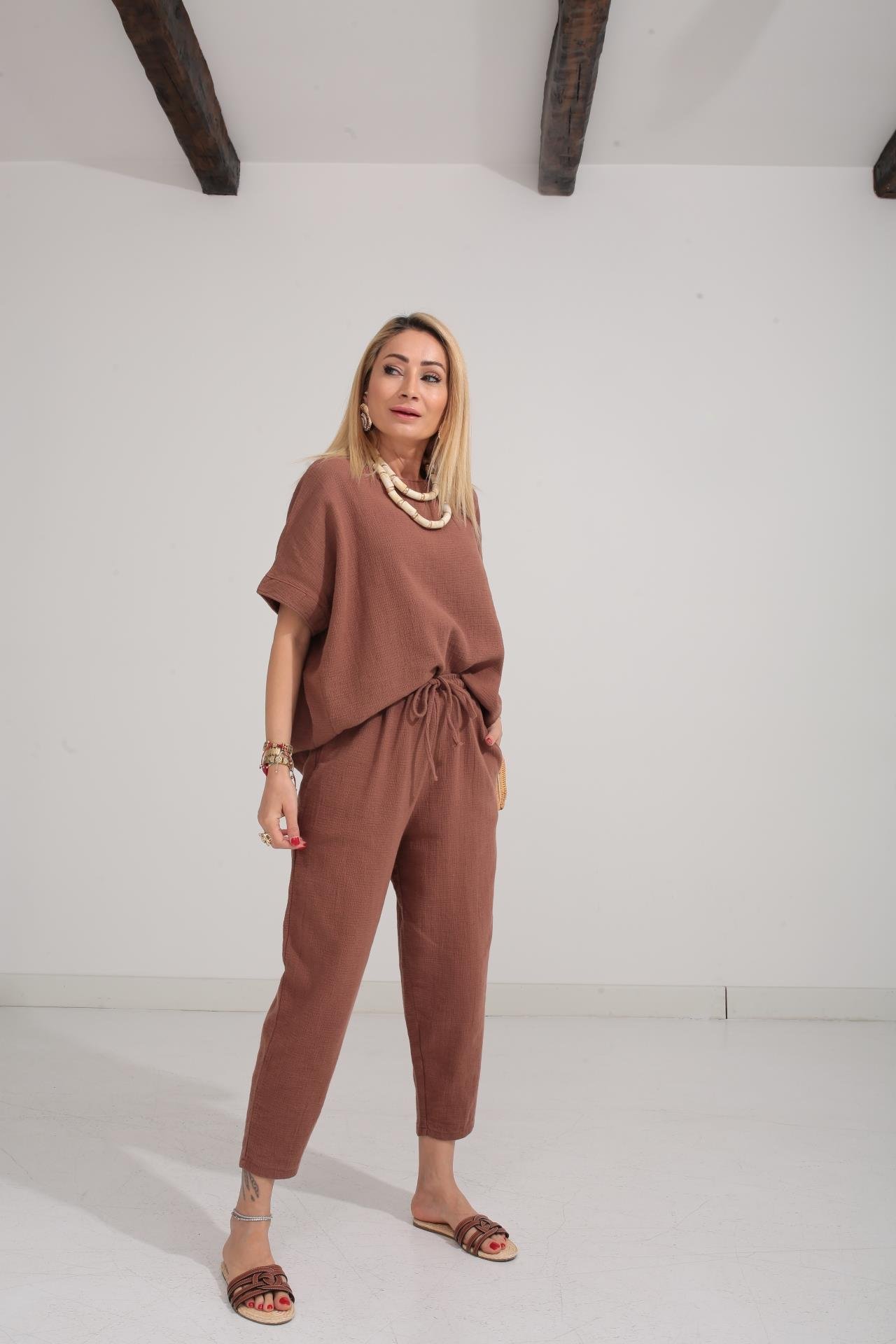 Düşüşk Kol Kahve Örme Keten Takım TAKIM | NO33