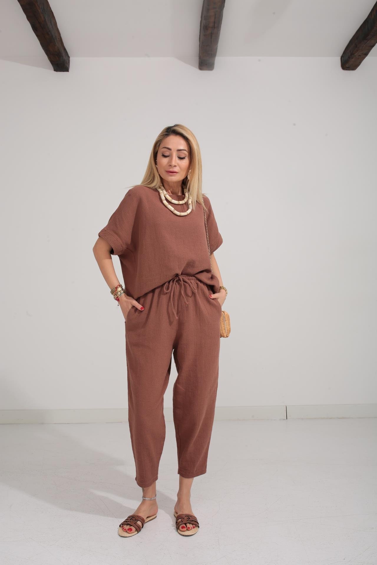 Düşüşk Kol Kahve Örme Keten Takım TAKIM | NO33