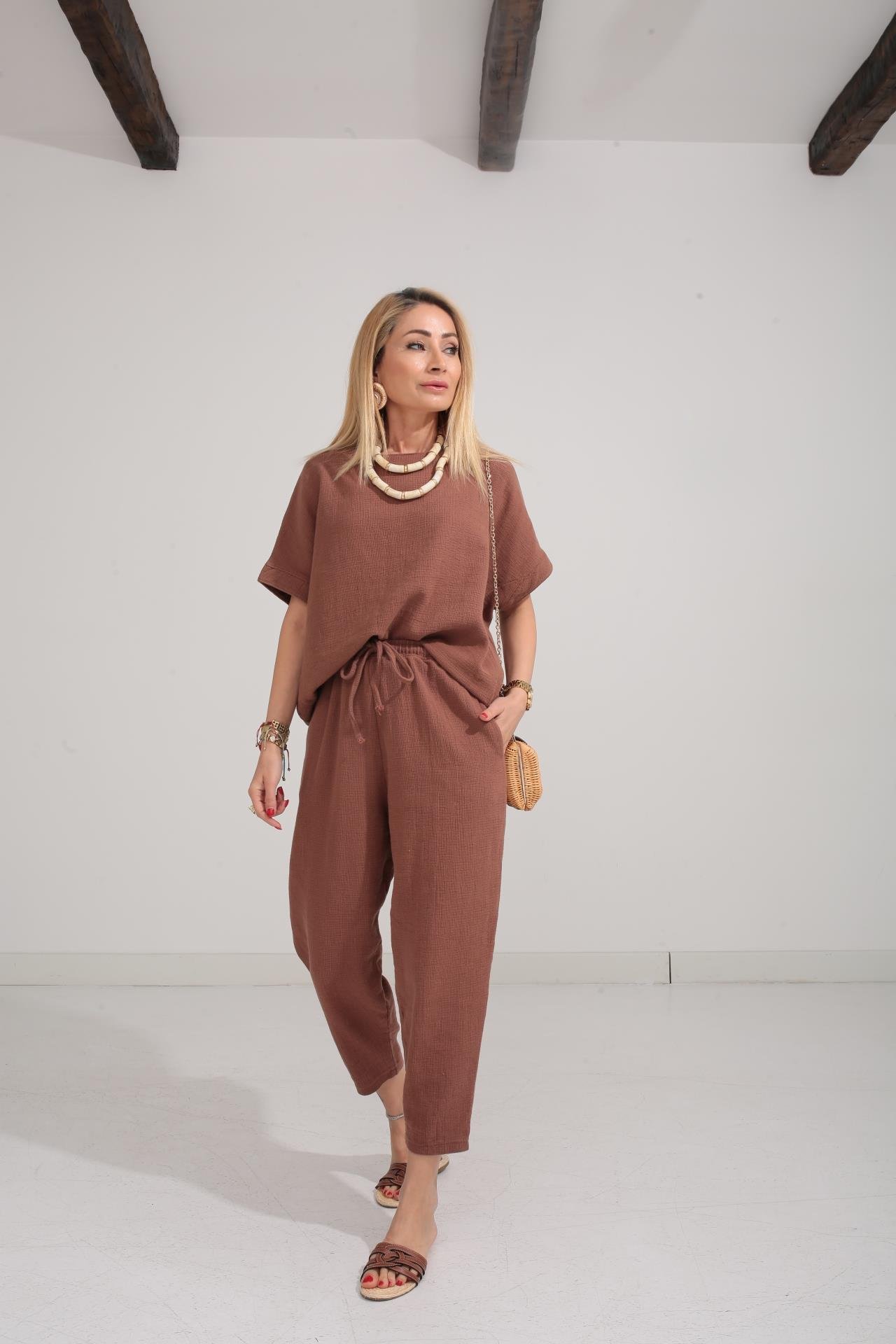 Düşüşk Kol Kahve Örme Keten Takım TAKIM | NO33