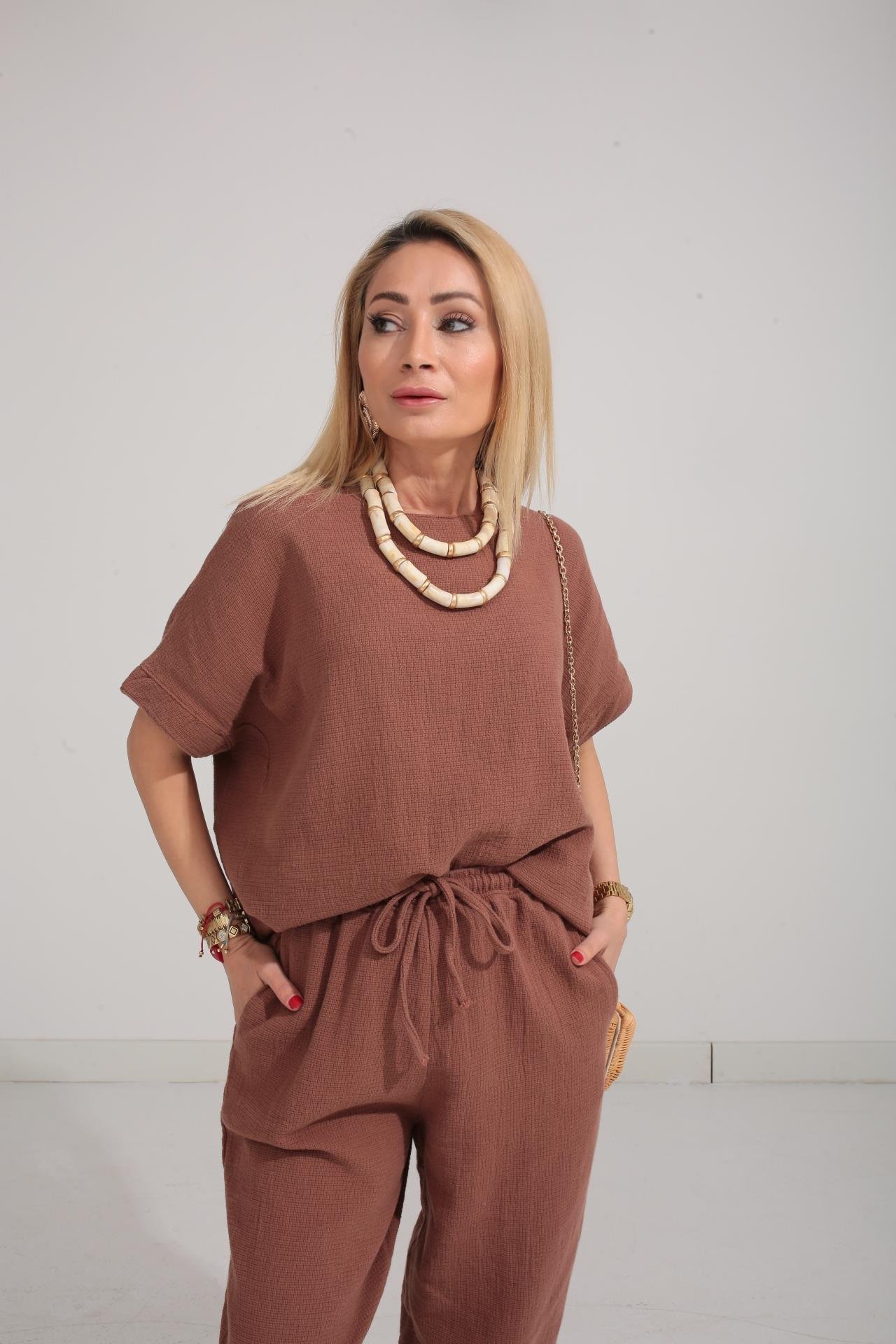 Düşüşk Kol Kahve Örme Keten Takım TAKIM | NO33