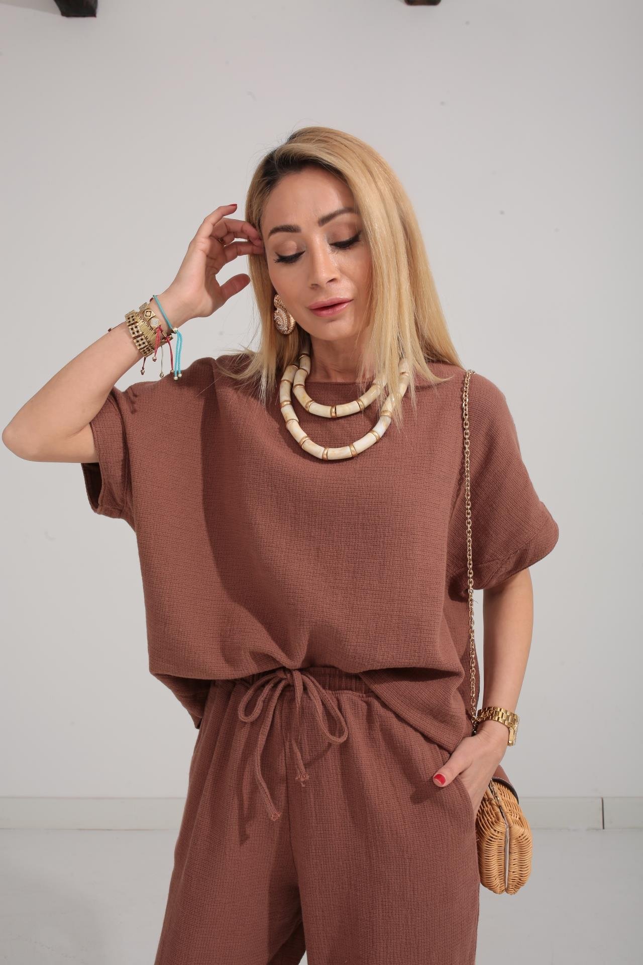 Düşüşk Kol Kahve Örme Keten Takım TAKIM | NO33