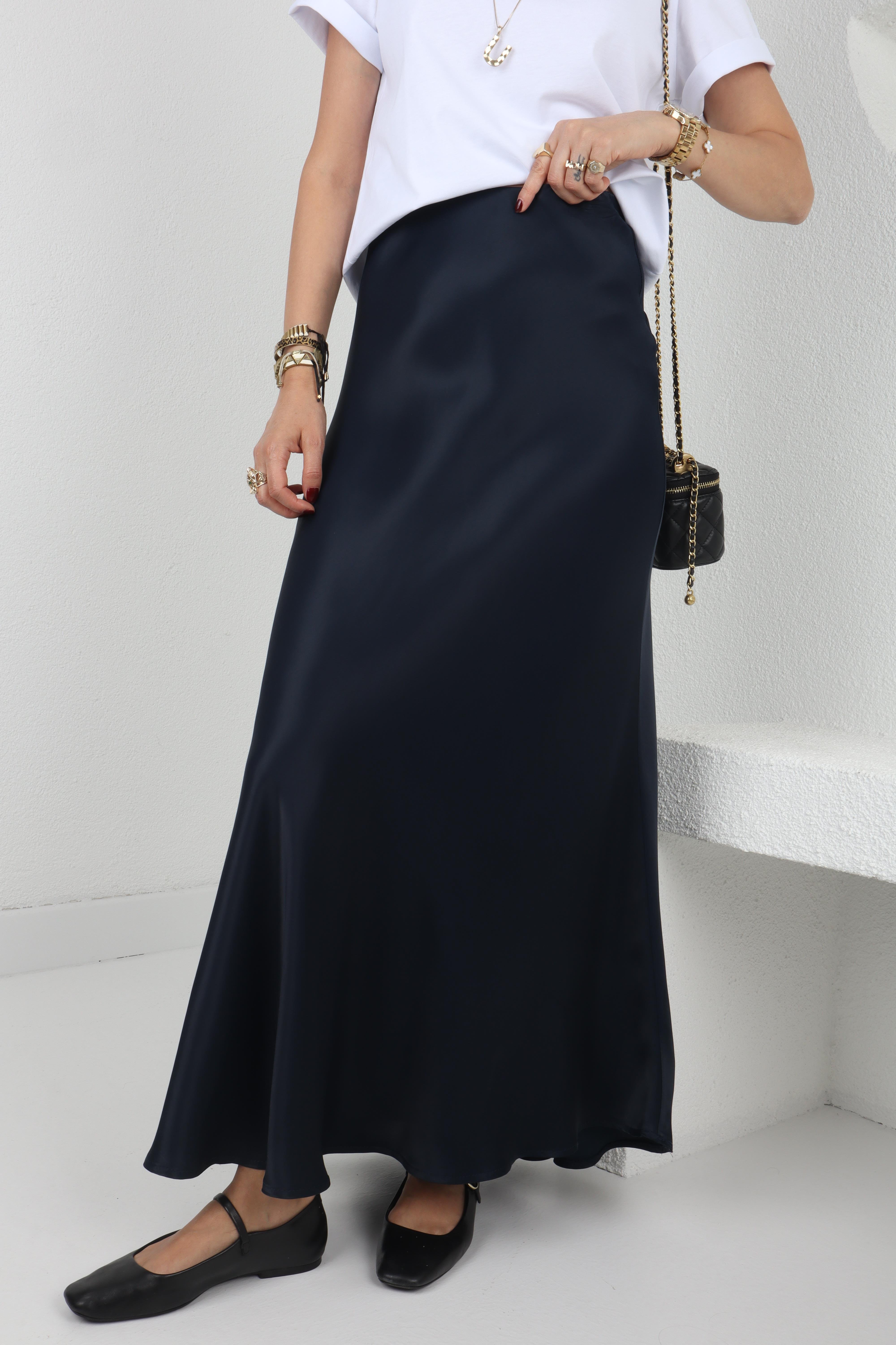 Düz Uzun Lacivert  Saten Etek ETEK