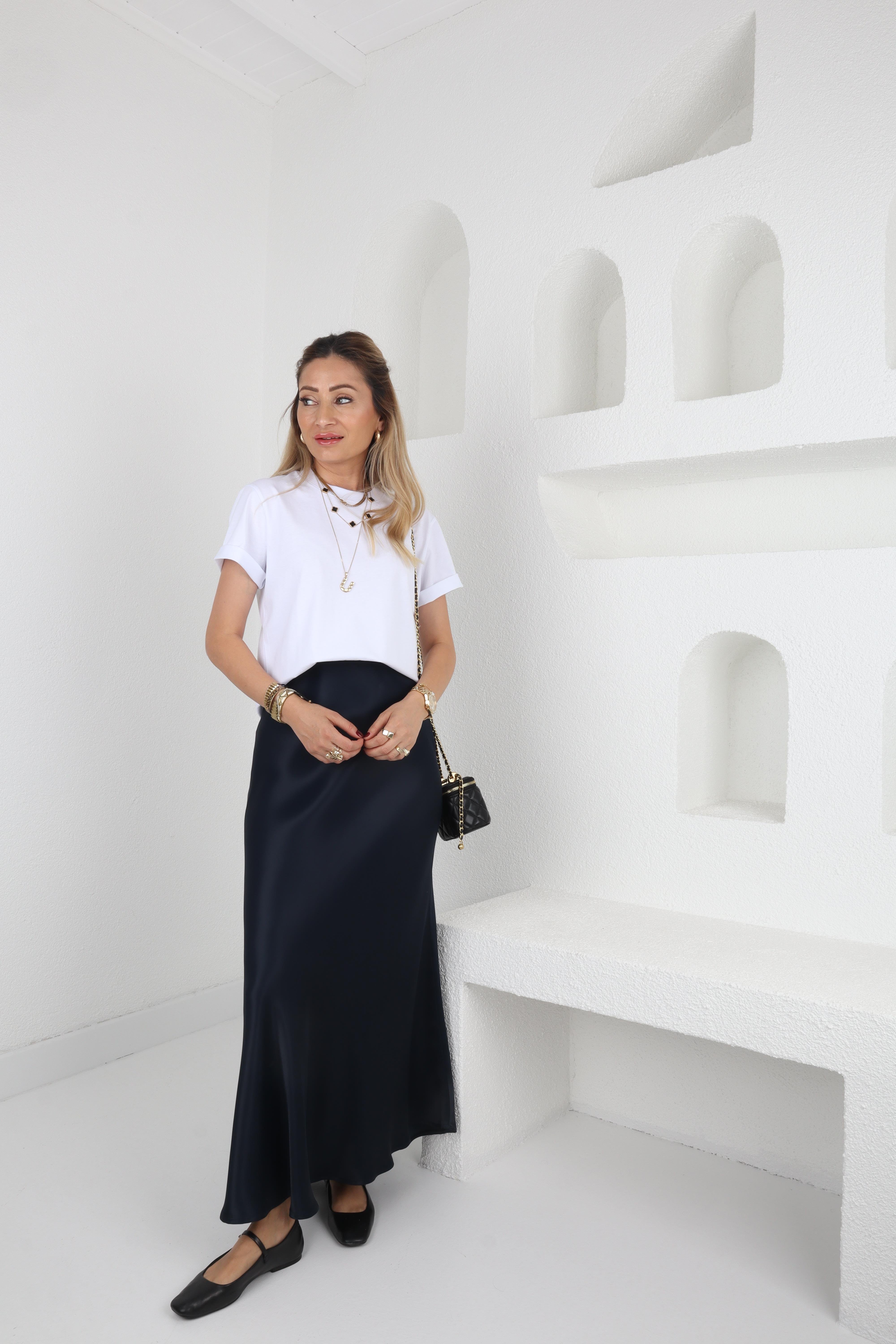 Düz Uzun Lacivert  Saten Etek ETEK