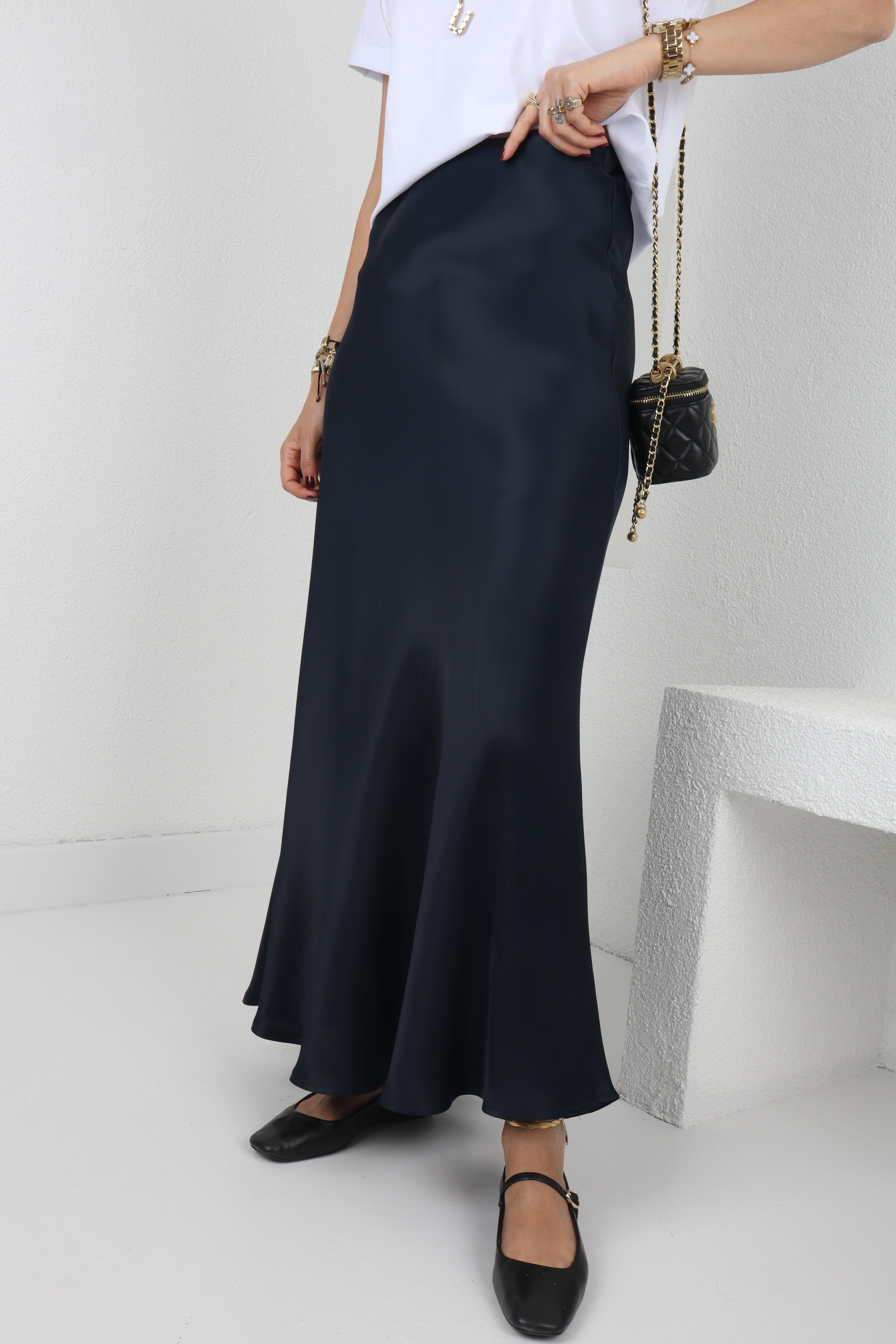Düz Uzun Lacivert  Saten Etek ETEK