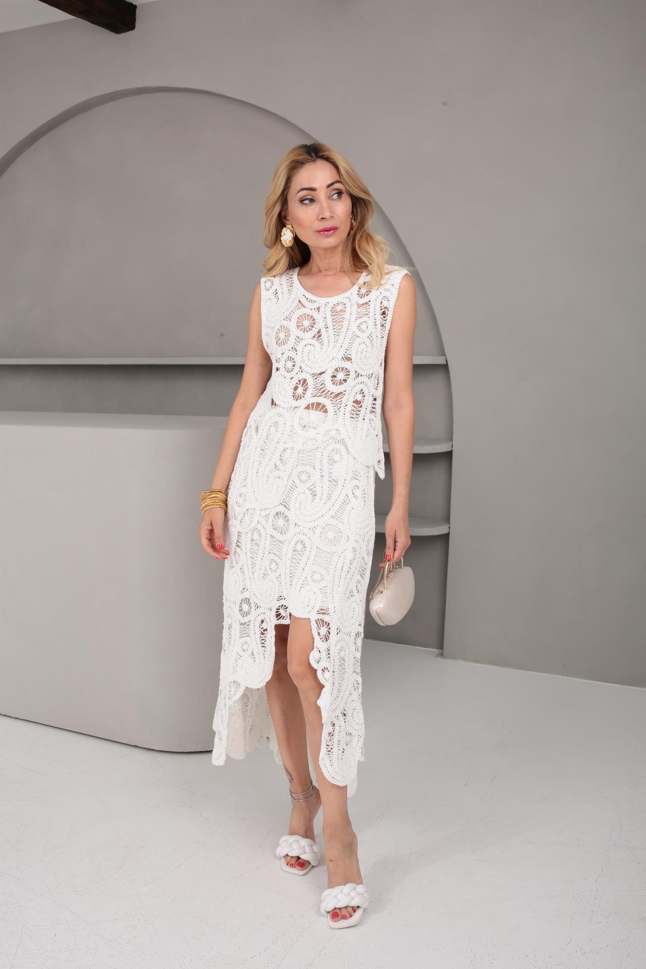 Ekru Asimetrik Örme Etek Bluz Takım TAKIM | NO33