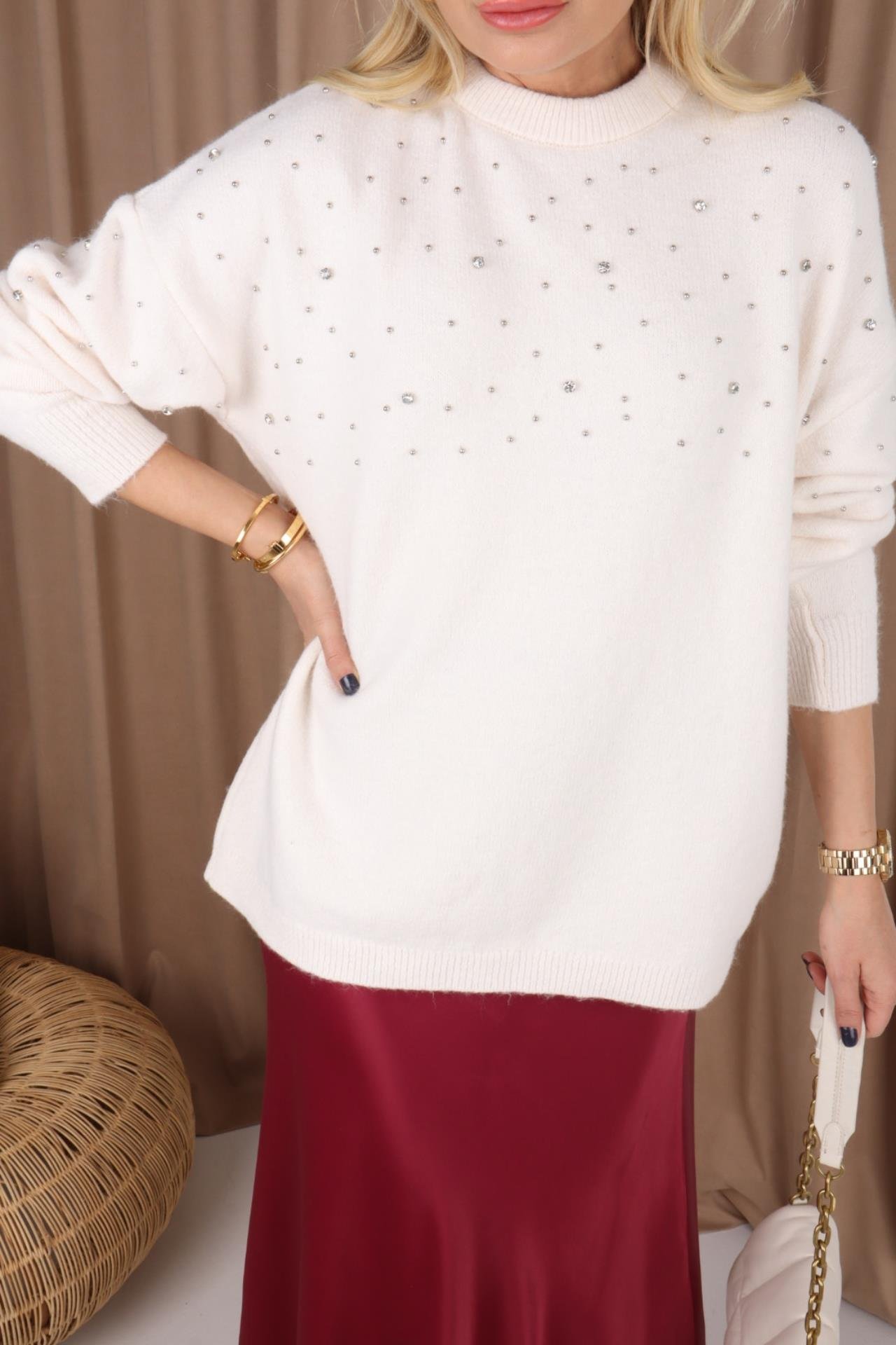 Ekru Dağınık Taşlı Triko Kazak TRİKO VE KAZAK