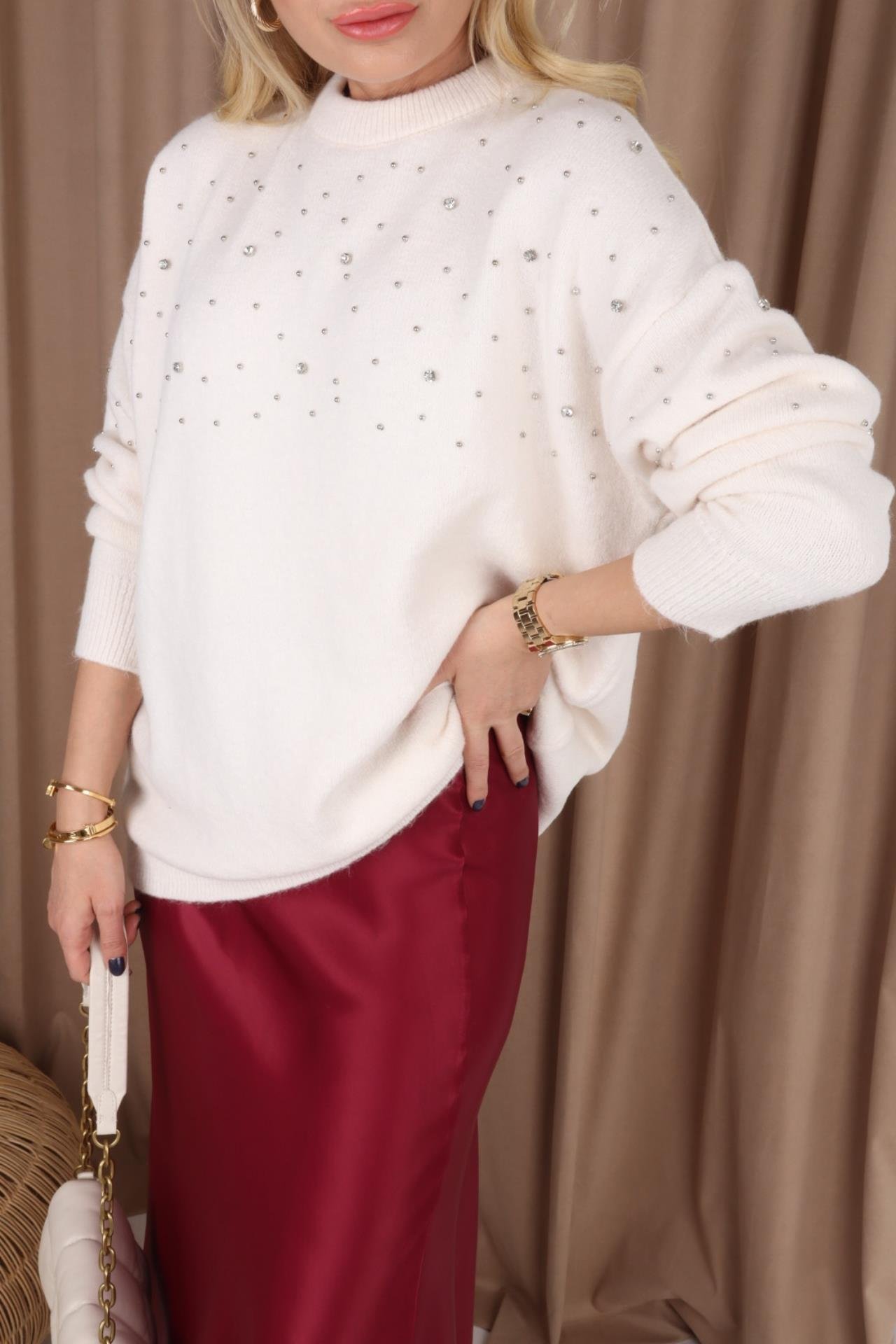 Ekru Dağınık Taşlı Triko Kazak TRİKO VE KAZAK